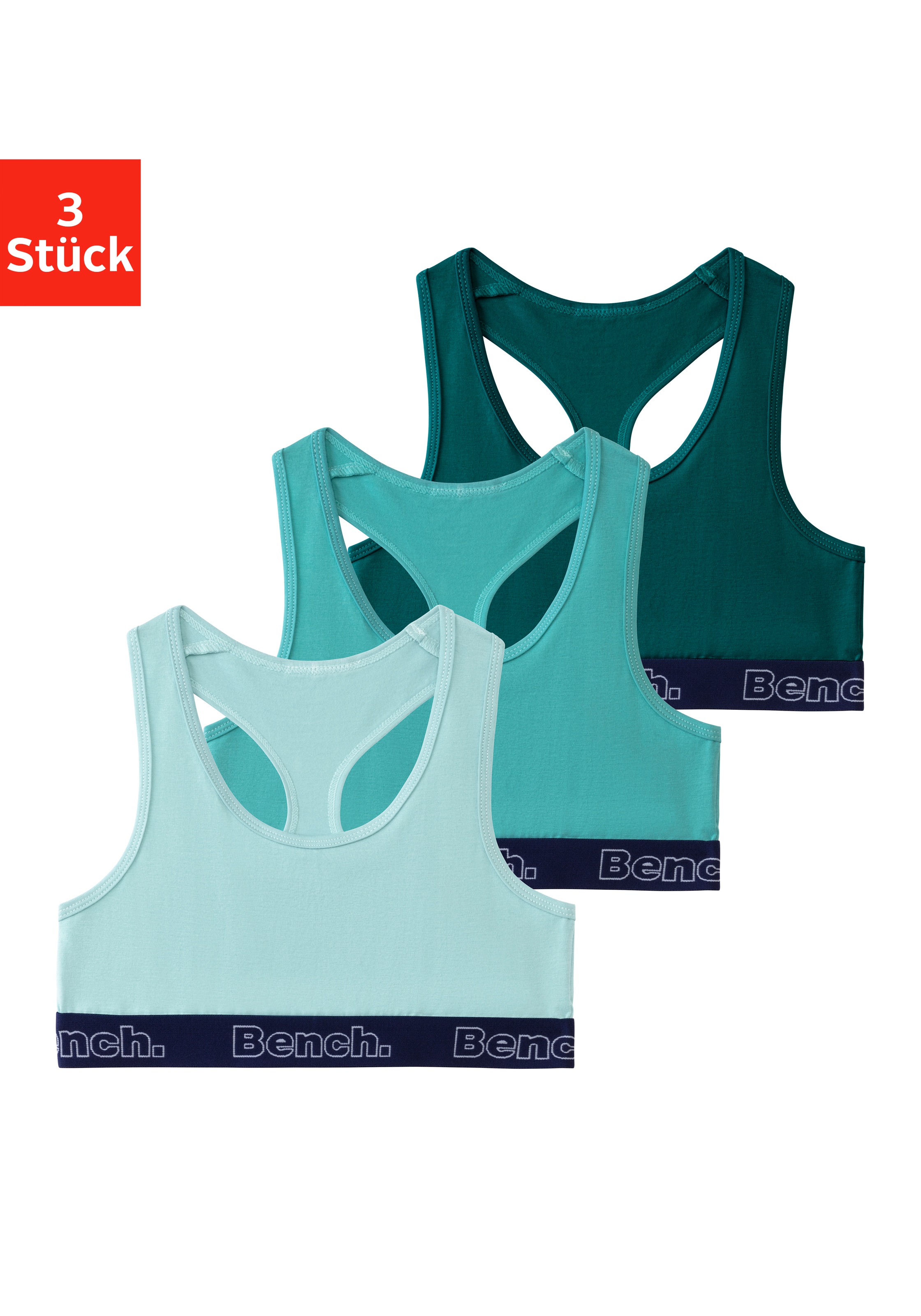 Image of Bench. Bustier Packung, 3 mit kontrastfarbigem Bündchen und Racerback