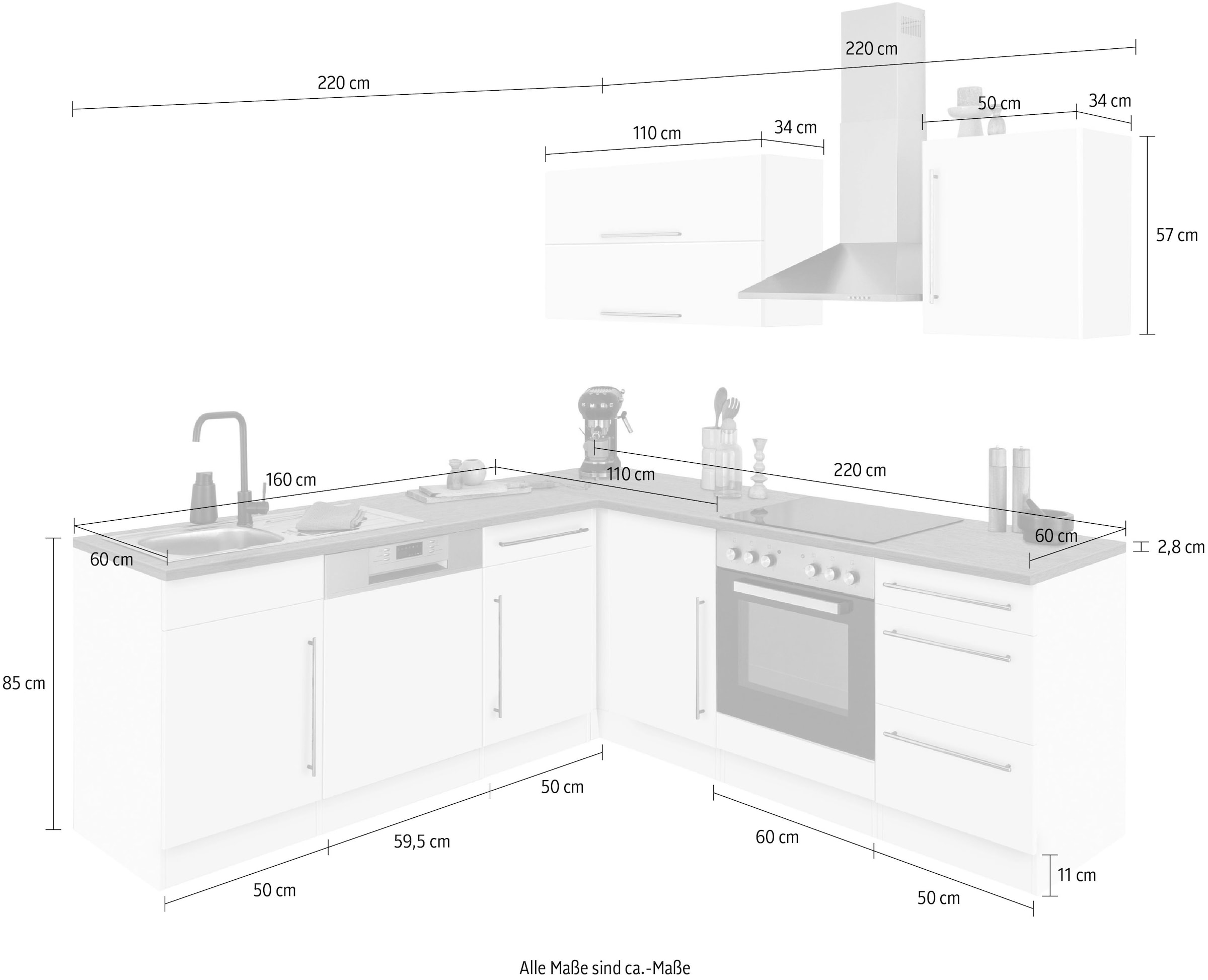 KOCHSTATION Cuisine d'angle »KS-Samos« largeur d’installation 220x220 cm, option appareils électriques, avec plan de travail