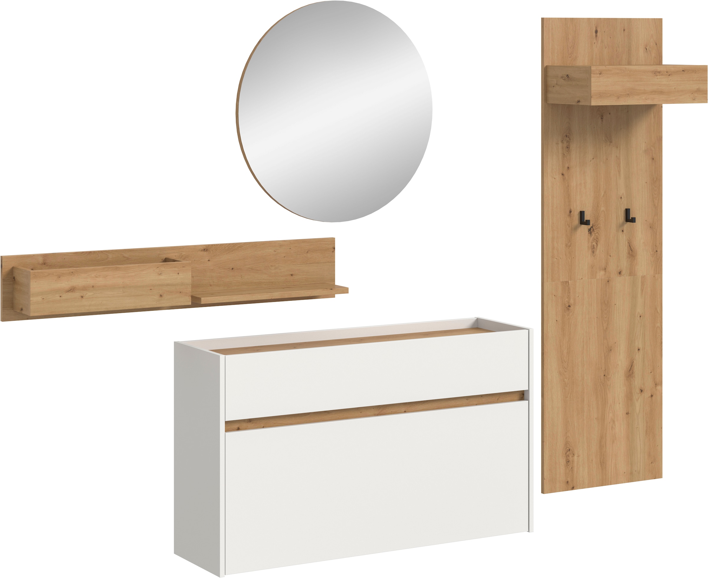 Image of Home affaire Garderoben-Set "EVRID, 4-teilig, Breite 205 cm, individuell hängbar & erweiterbar" best. aus: Wandboard, Kommode, Spiegel, Garderobenpaneel, 4 Stk. tlg.