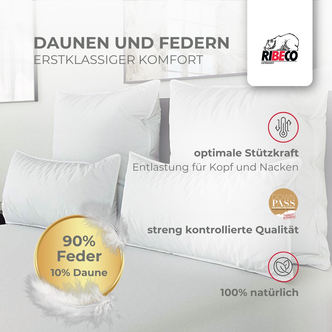 RIBECO Federkissen "Johanna Kopfkissen 1-tlg. oder 2-tlg.: 40x80 cm, 80x80 cm erhältlich" Füllung: 90Federn10Daunen Bezug: Baumwolle 2 Stk. tlg. Kissen mit DOWNPASS zertifiziert und Made in Germany
