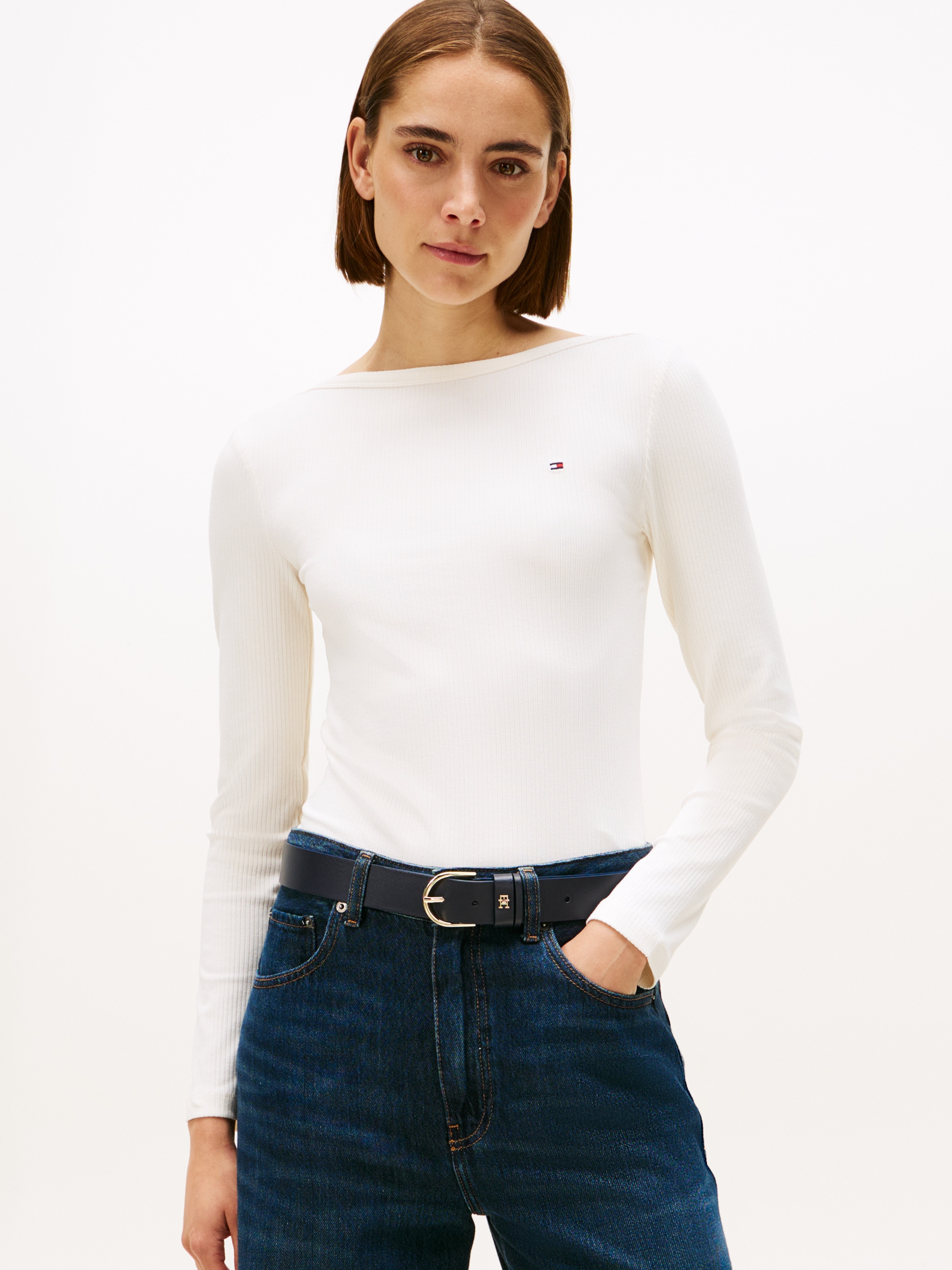 Image of Tommy Hilfiger Langarmshirt "SLIM 5X2 RIB BOAT-NK LS mit U-Boot Ausschnitt und Rippstruktur" unifarben, casual, slim fit, Viskosemix, U-Boot-Ausschnitt