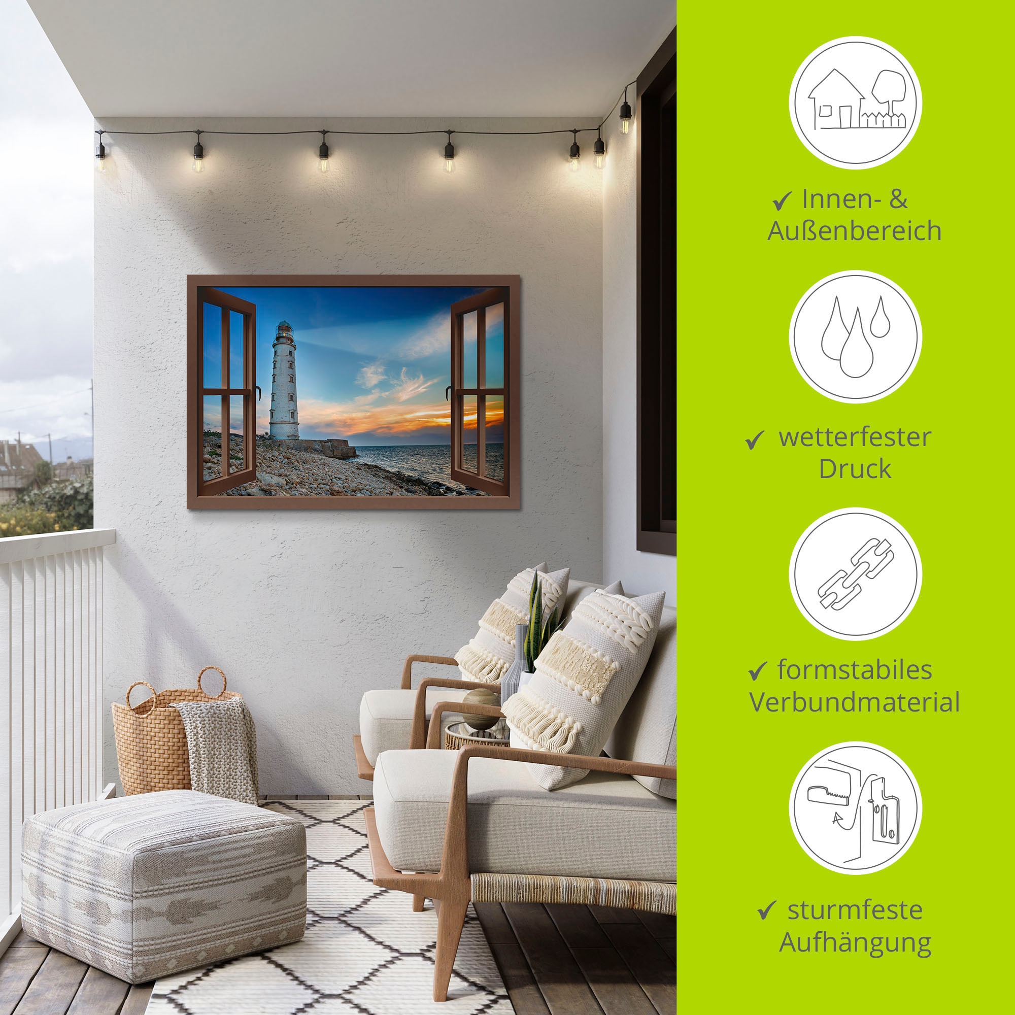 Artland Alu-Dibond-Druck »Fensterblick Leuchtturm«, Fensterblick, (1 St.), für Innen- und Aussenbereich geeignet, Outdoorbild
