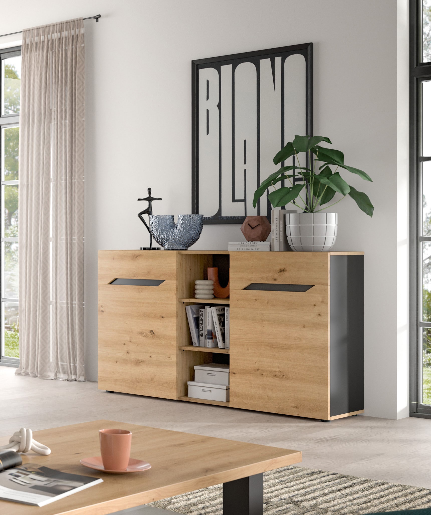 INOSIGN Sideboard »SERTA, Breite: 130cm, 2 Türen, 3 offene Fächer, viel Stauraum« Anrichte, Kommode, Schrank, Board, Higboard