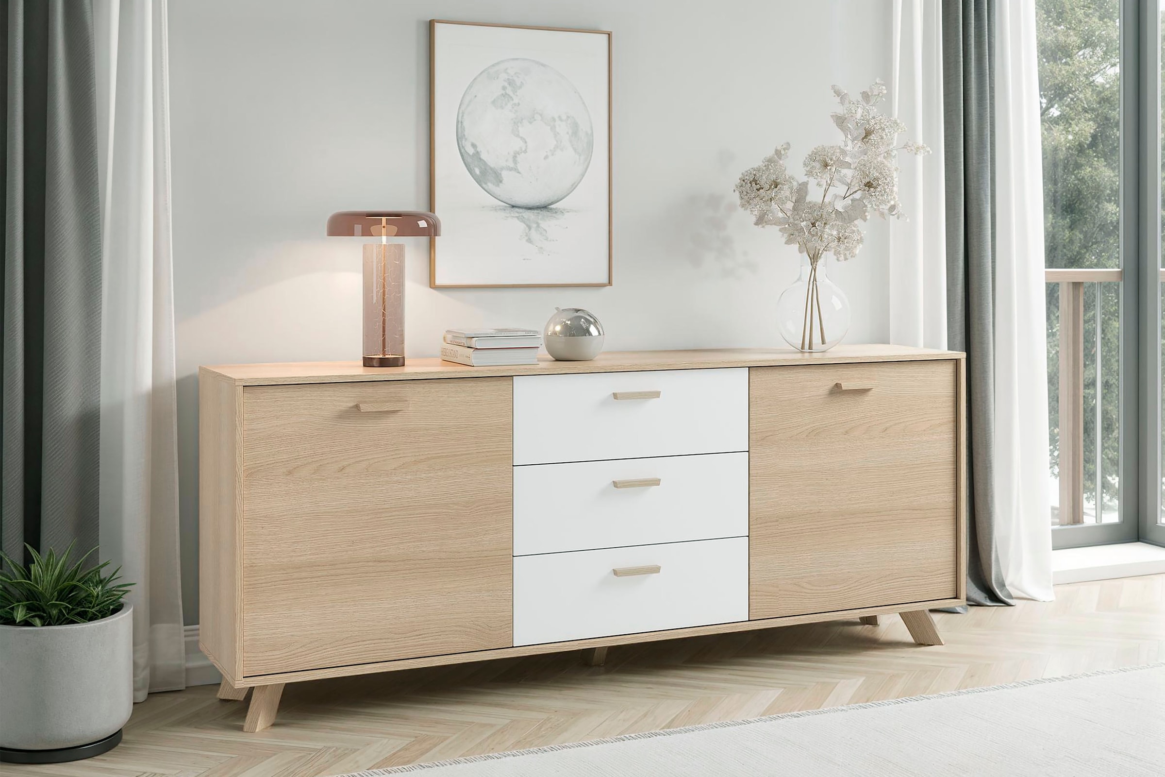 byLIVING Sideboard »Bastian« 1 cuis tlg. mit massiven Holzfüssen und Griffen, natürlicher Eichenlook, 180cm