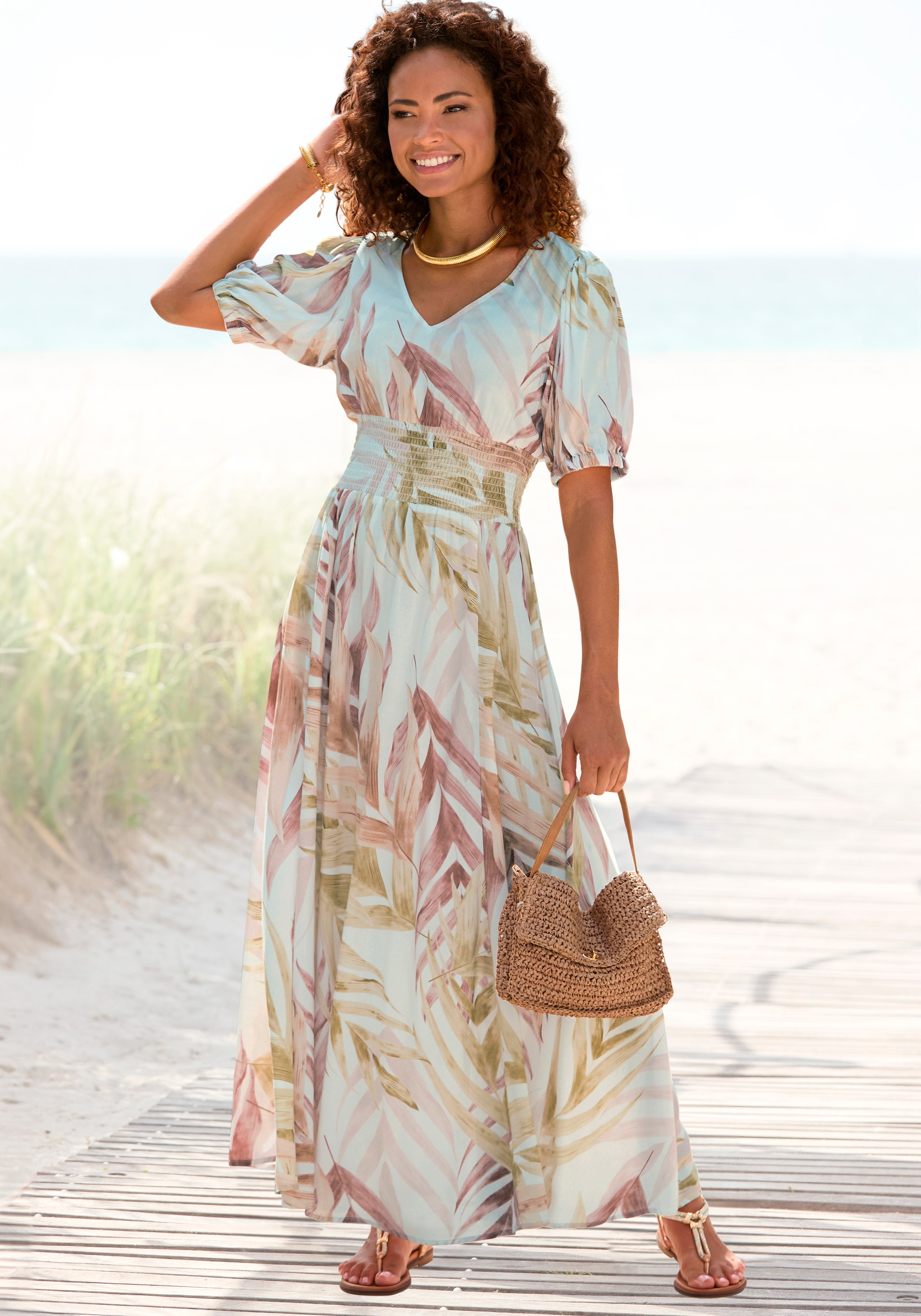 Image of LASCANA Maxikleid "mit Alloverdruck und V-Ausschnitt aus Webware" Sommerkleid mit Puffärmeln, Elegantes Webkleid, Strandkleid