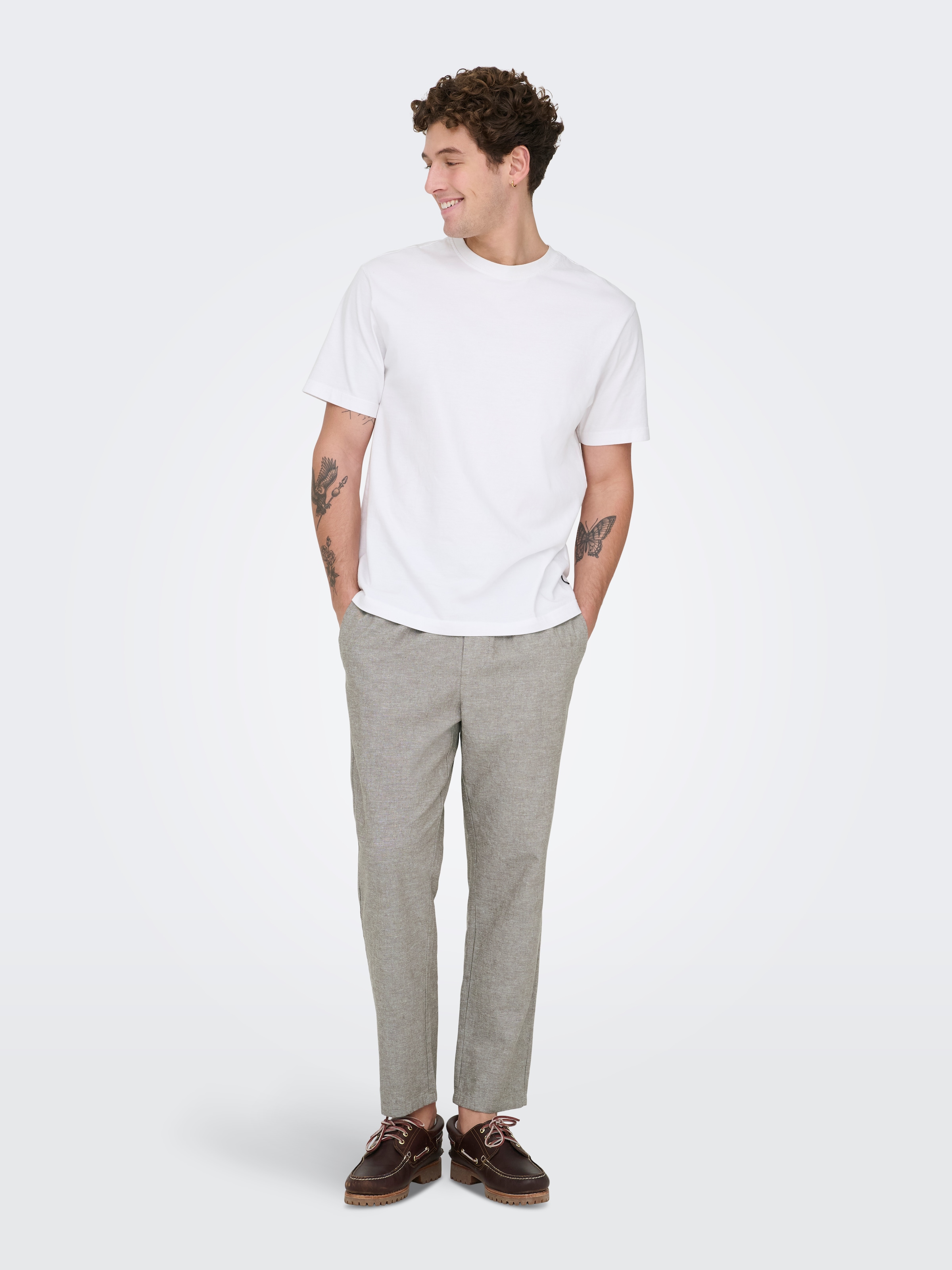 ONLY & SONS Pantalon à enfiler »ONSLINUS CROP 0007 COT LIN PNT NOOS«  coton avec lin, ceinture élastique et cordon