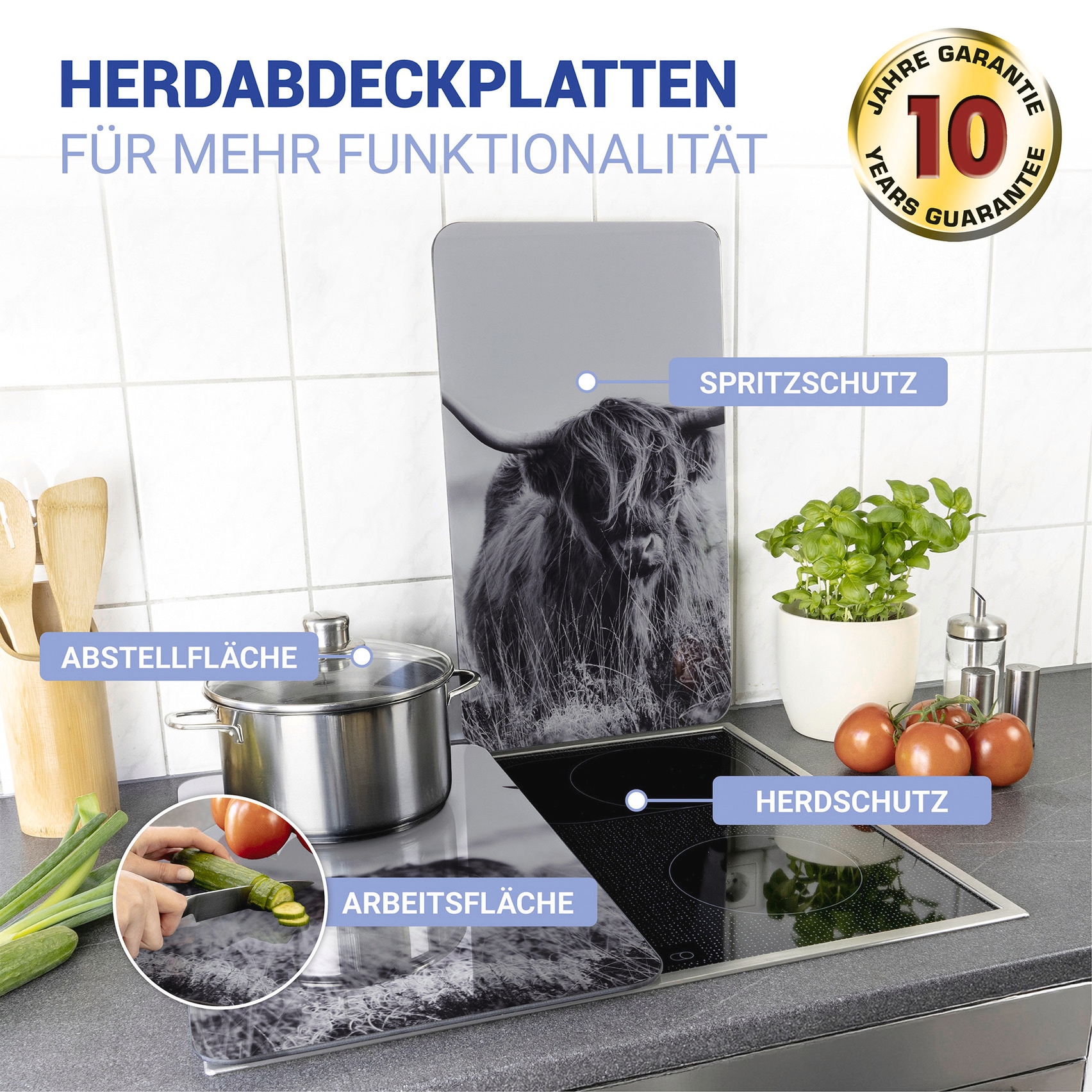 WENKO Herd-Abdeckplatte »Universal Modell Highland Cattle«, (Set, 2 tlg.), Herdabdeckung für alle Herdarten, kratzfest, mit rutschfesten Füssen
