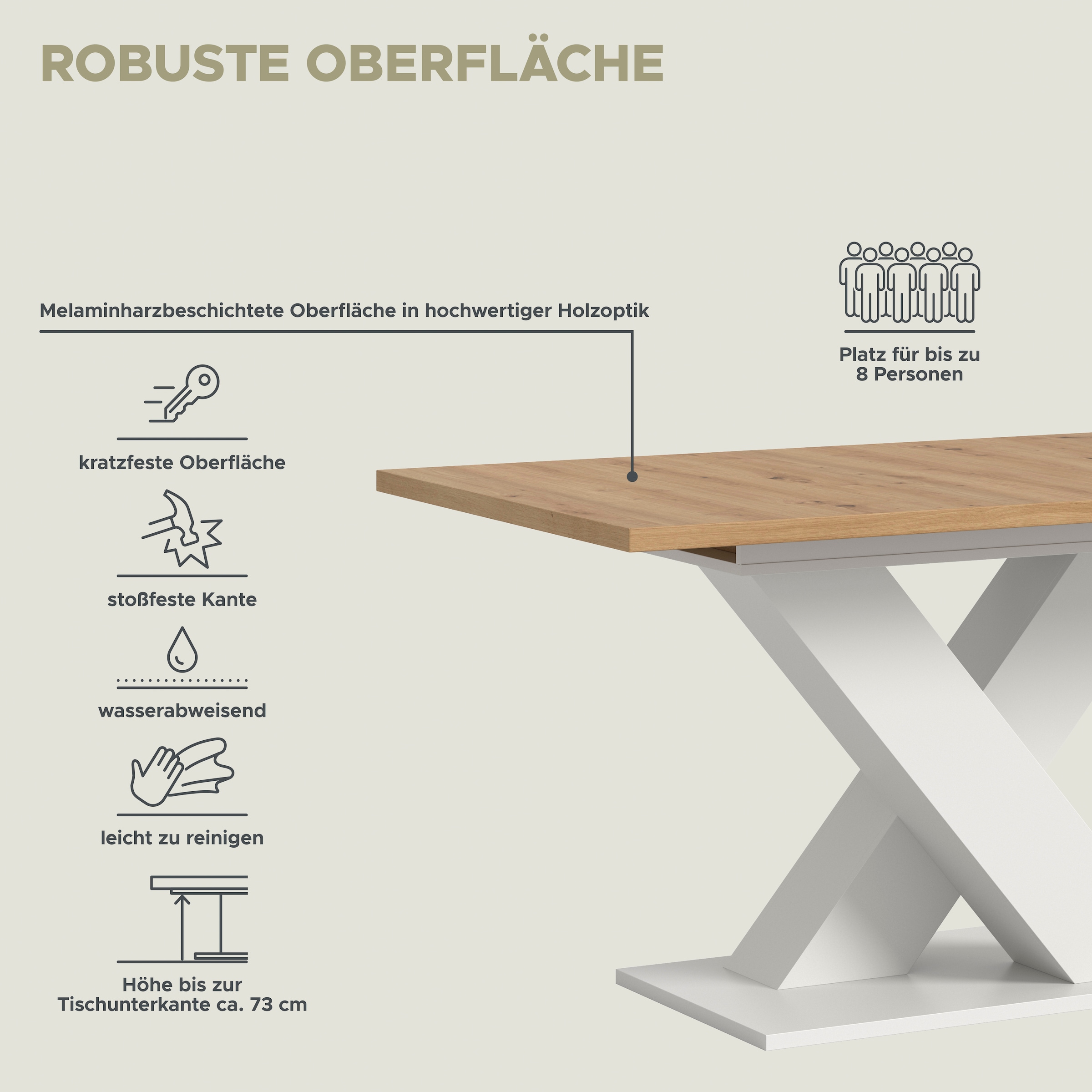 INOSIGN Table de salle à manger »Motus, ausziehbar 150 -190 cm, inklusive 40 cm Einlegeplatte« Set, 1 cuis tlg. X-Gestell mit Bodenplatte, Tisch, Küchentisch, Esszimmer, Küche