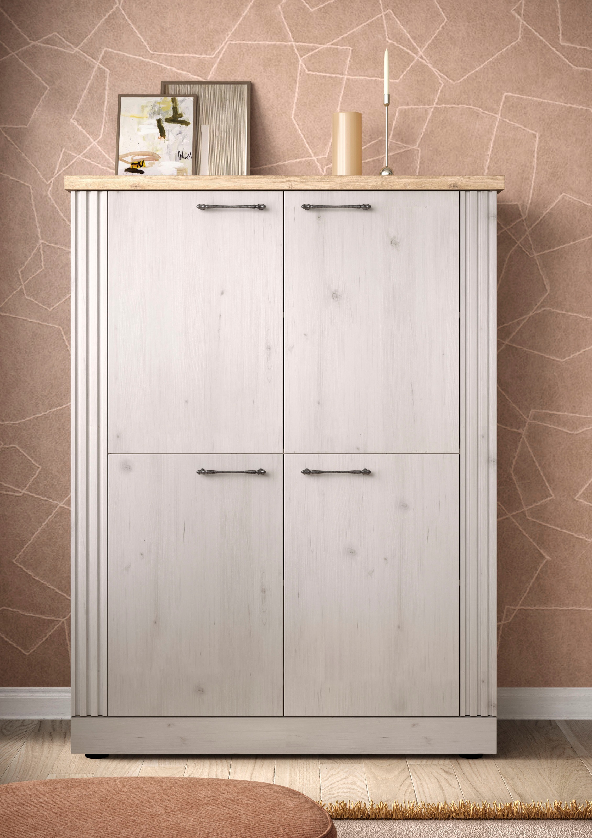 Image of GOODproduct Highboard "Country Höhe 160 cm u. Breite 118 cm, Kommode mit 4 Türen," Schrank im Landhausstil, viel Stauraum, mit Metallgriffe, MDF-Rahmen