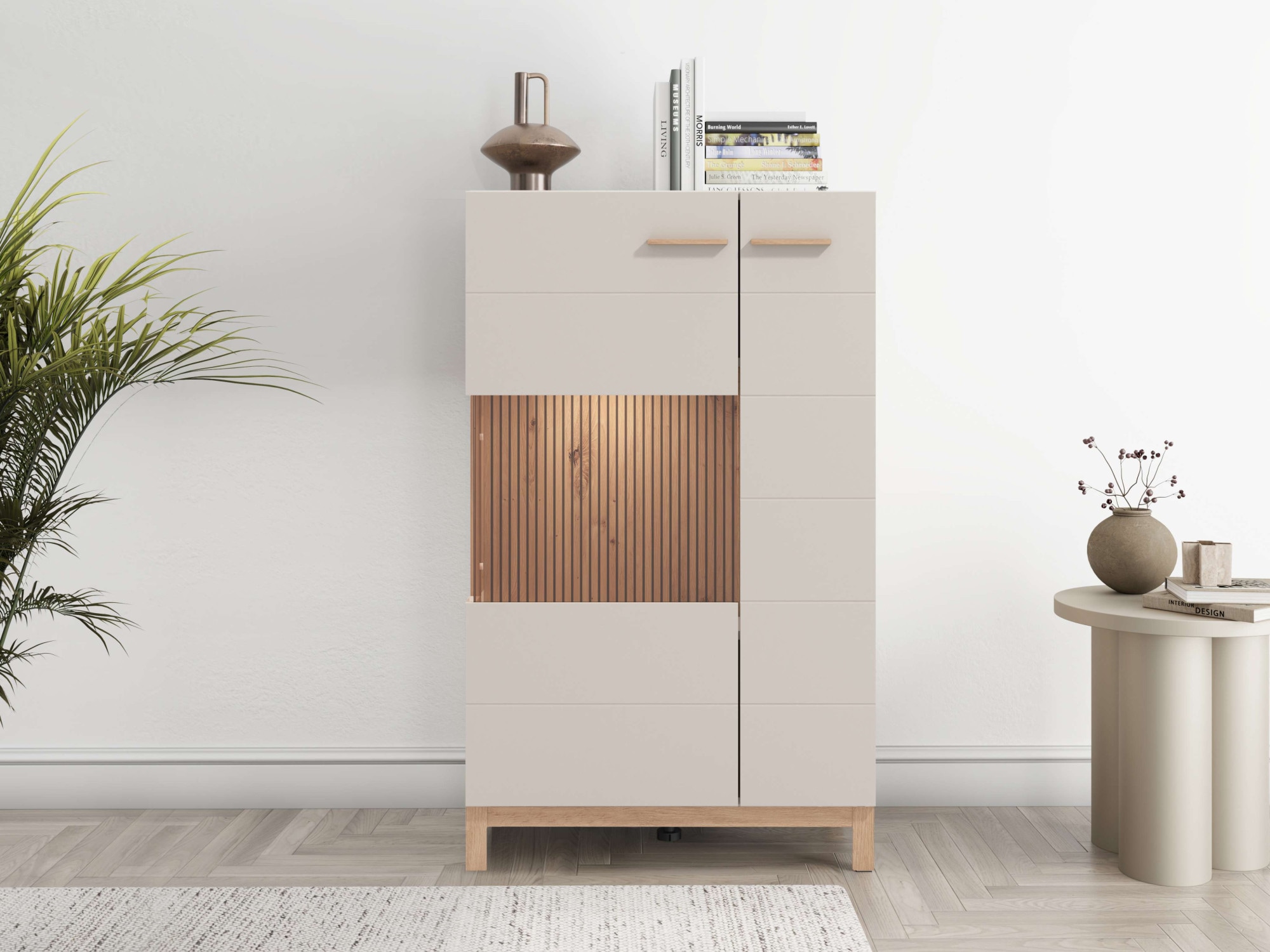 Image of Home affaire Highboard "Essex, Hochkommode, Vitrine, Glasvitrine, Kombi-Highboard" Modernes Highboard in Kaschmir mit Glasfront & Lamellen-Optik