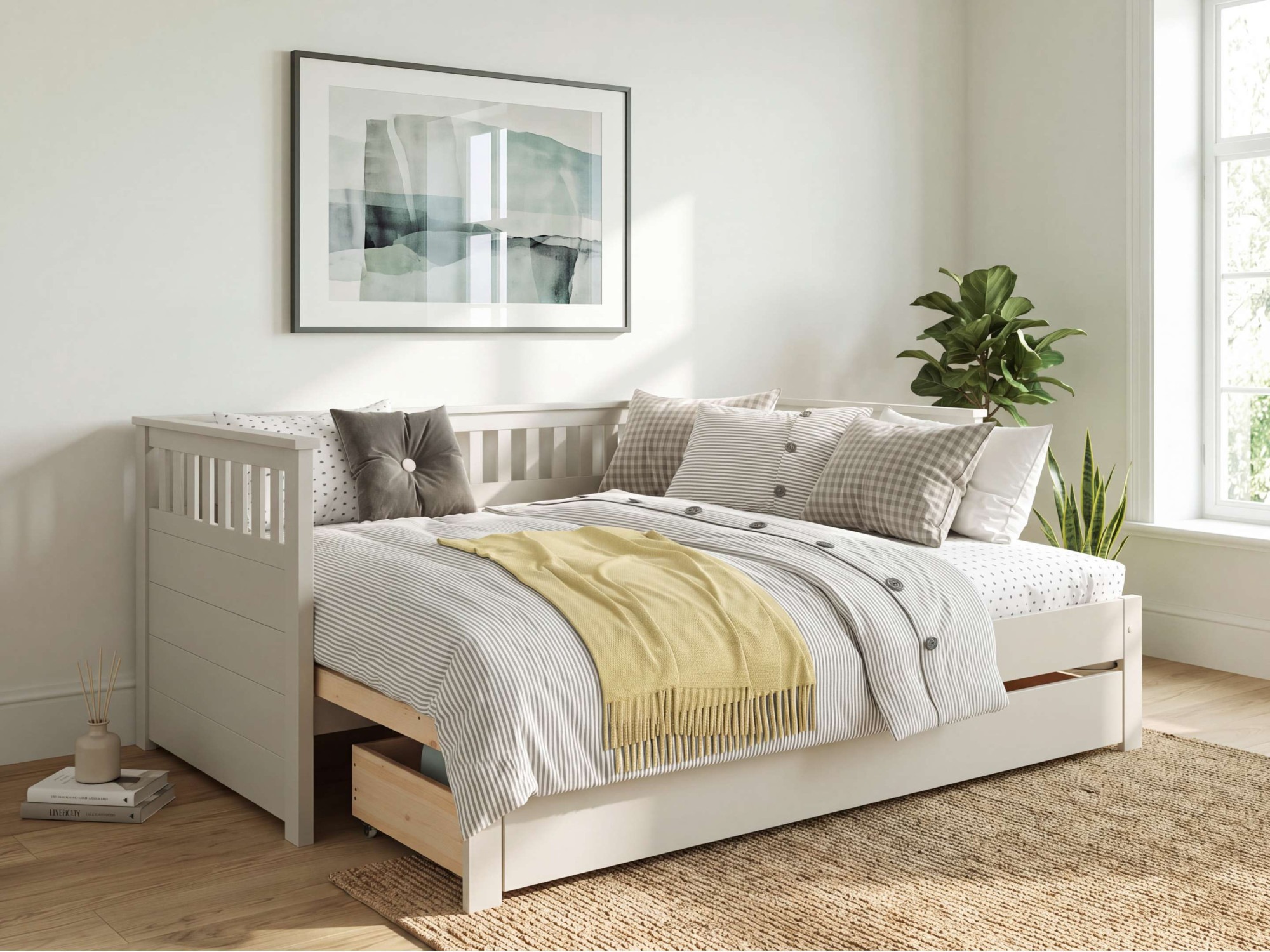 GOODproduct Daybett »Morrick, ausziehbar, 2 Schlafplätze + Schublade, Cashmere Beige« massive Kiefer, schöne Sprossenoptik, Stauraum, Skandi Look