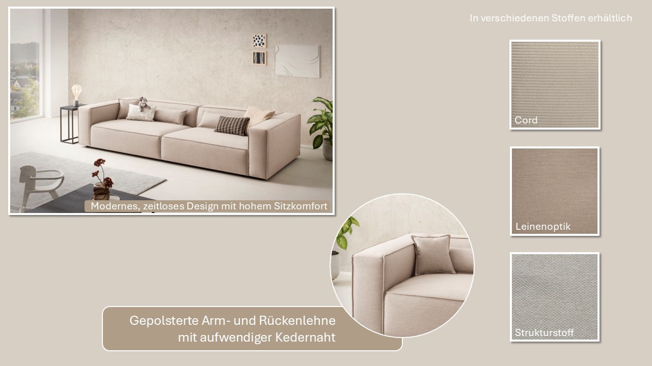 LeGer Home by Lena Gercke 3-Sitzer »PIARA, XXL Sofa mit Kedernaht, Big-Sofa in Cord oder Leinenoptik«, schwarze Füsse, bequemer Sitzkomfort, extra tiefe Sitzfläche