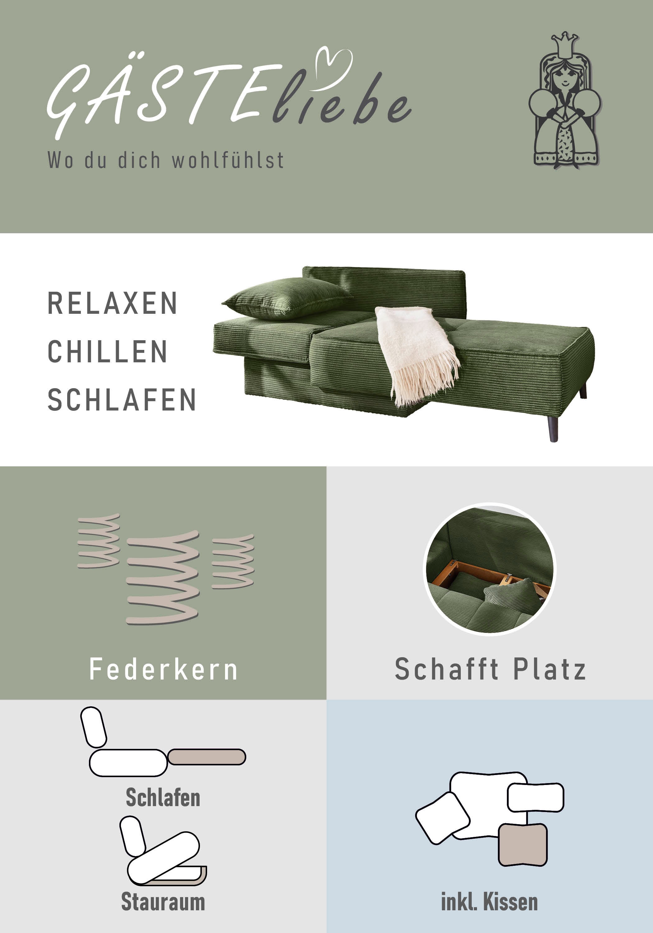Jockenhöfer Gruppe Recamiere »Rex«, mit Bettfunktion und Bettkasten, Federkernpolsterung