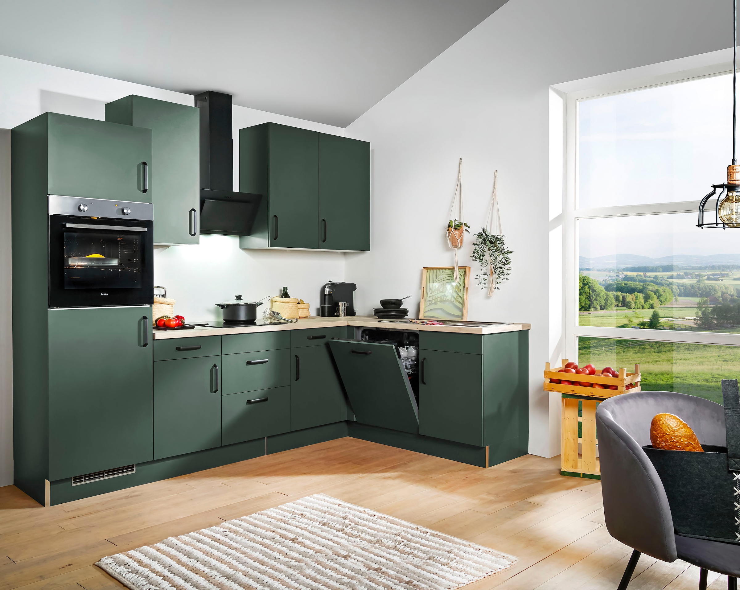 wiho Küchen Winkelküche »"Simi", mit verstellbaren Füssen, wahlweise mit E-Geräten« Soft-Close-Funktion in Schubkästen & Auszügen, Stellbreite 285/175 cm