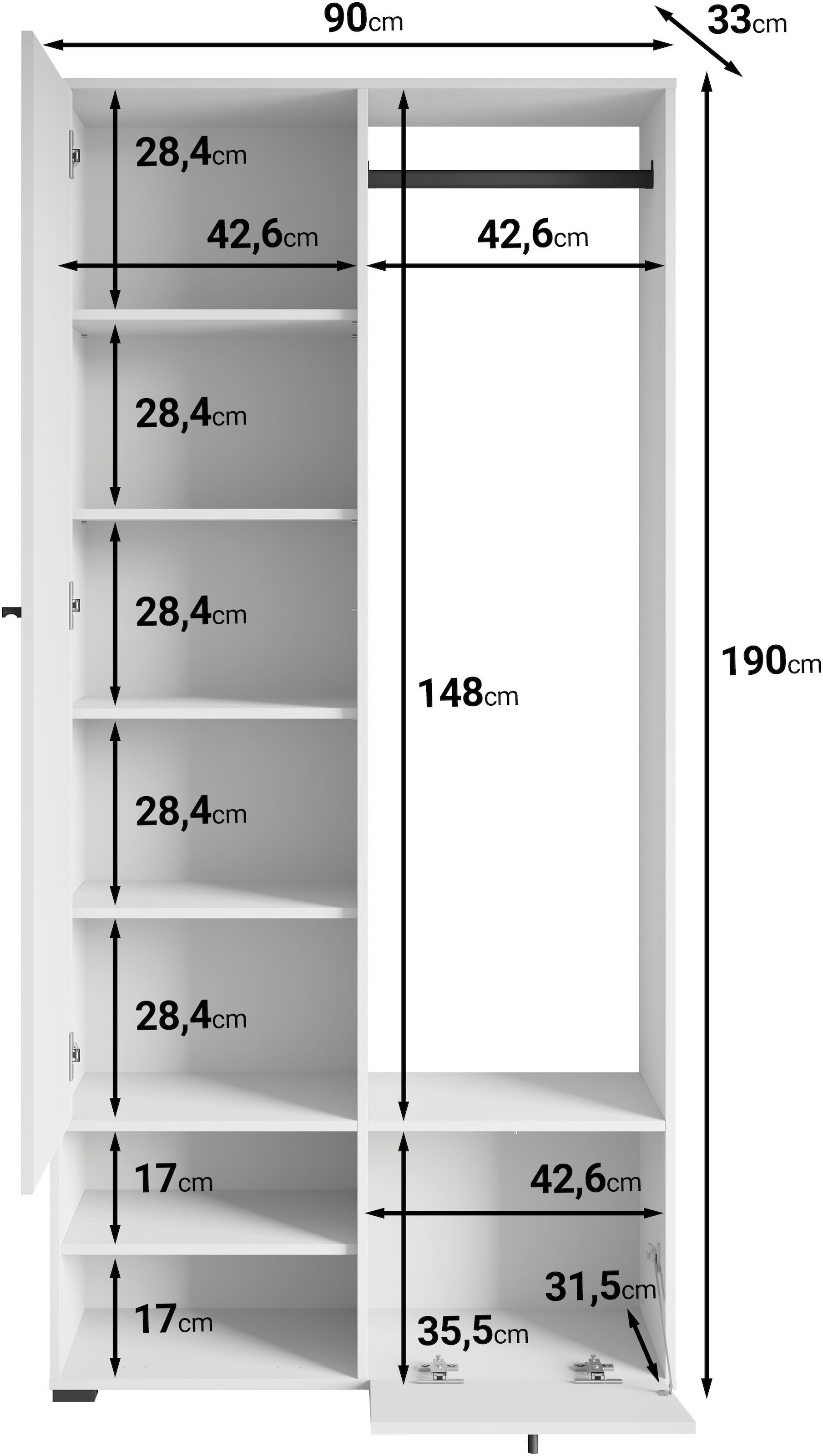 Home affaire Garderobenschrank »DINO Kompaktgarderobe, Garderoben-Set DINO« Mit Spiegel und Kleiderstange, 90 cm breit, Türanschlag wechselbar