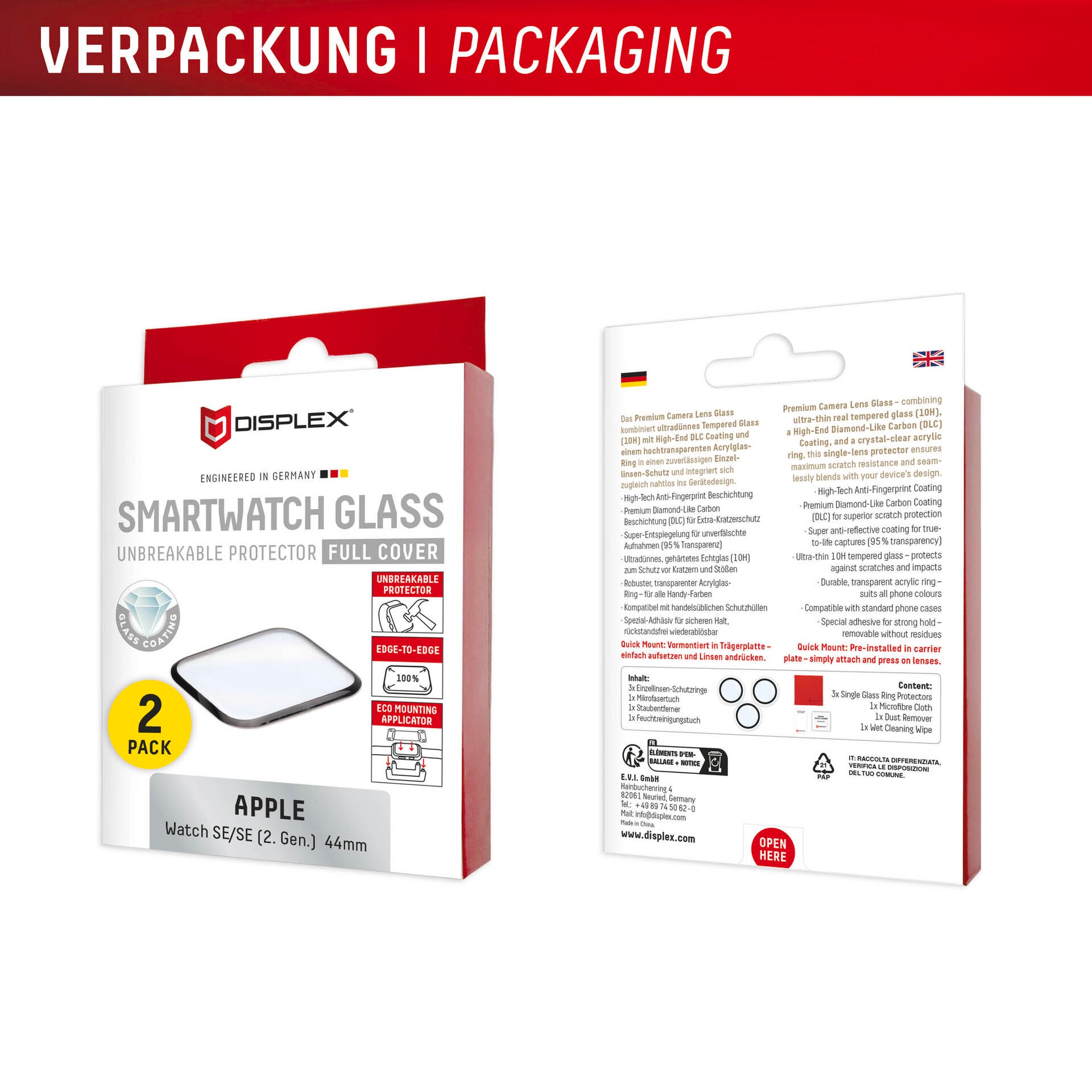 Displex Displayschutzglas »Smartwatch Glass Unbreakable Protector Full Cover«, für Apple Watch SE(2) 44 mm, (Packung, 2x Acrylglas Protector), Displayschutzfolie, Schutzfolie, Bildschirmschutz, kratz- & stossfest