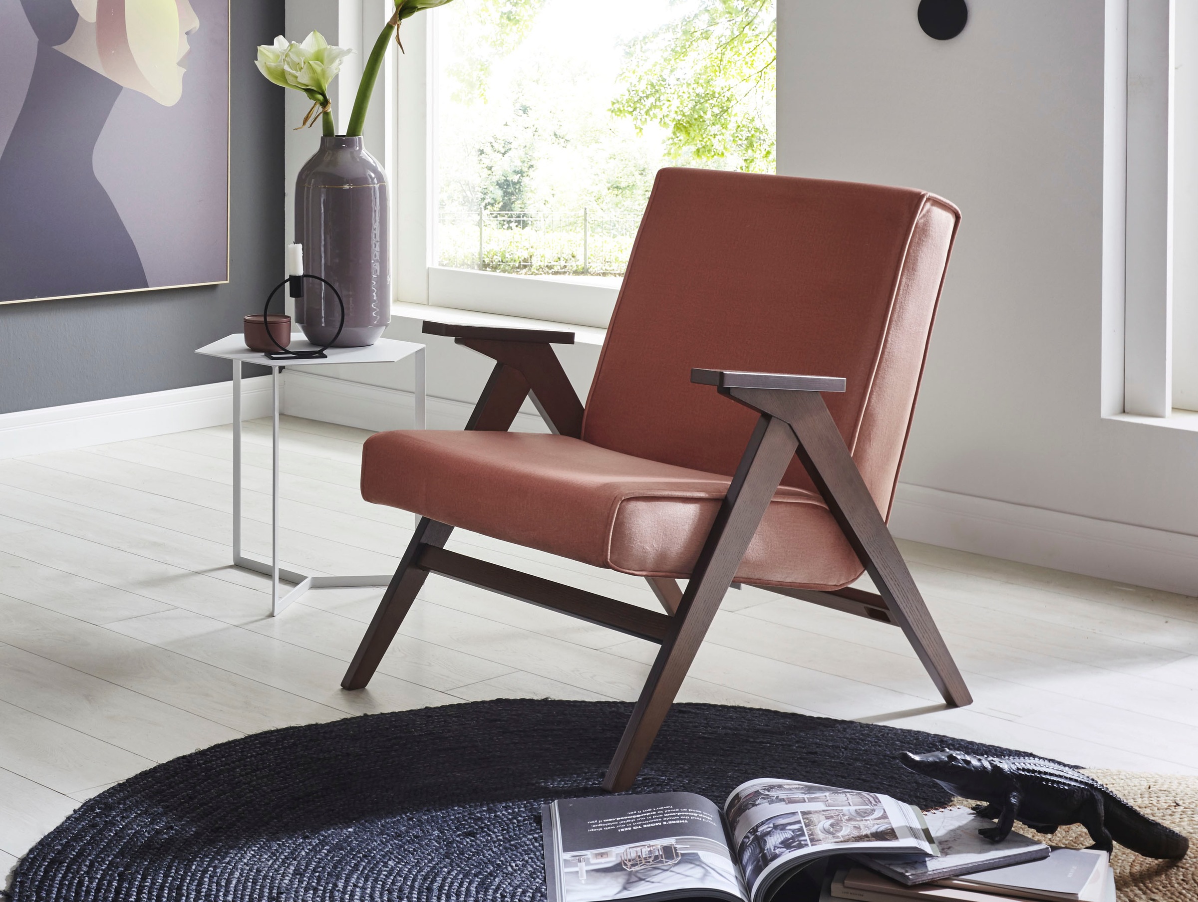 Image of ATLANTIC home collection Loungesessel, Retro -Sessel in Samtvelours, Walnuss-Furnier bei Ackermann Versand Schweiz