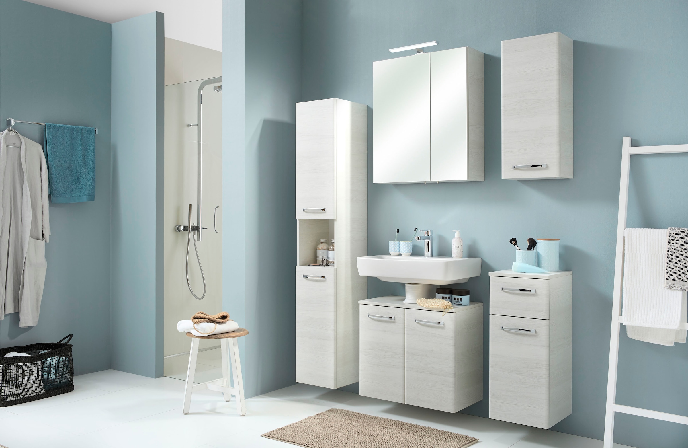 Saphir Armoire basse »Quickset Badschrank 30 cm breit, 1 Tür, 1 Schublade, 1 Einlegeboden« Meuble sous lavabo salle de bain avec amortisseur de porte, 1 porte, poignées chromées brillantes