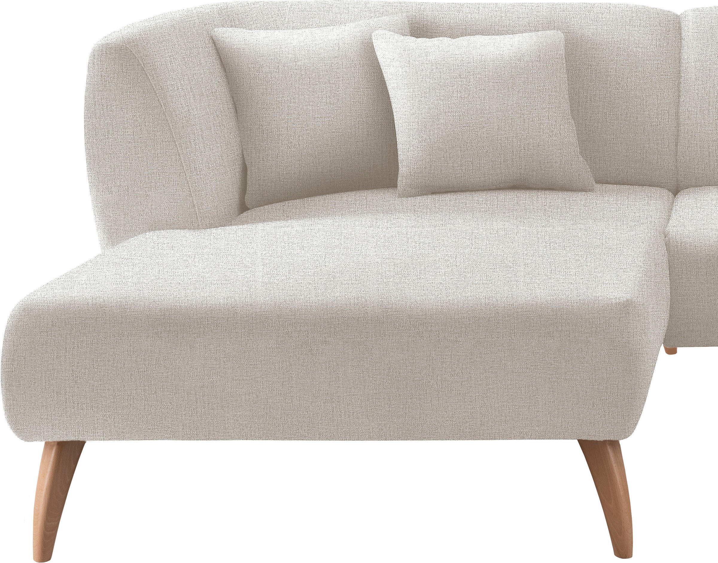 INOSIGN Ecksofa »Colori Polstermöbel mit zeitlos eleganter Rückenführung. L-Form«, Holzfussfarbe wählbar, inkl. 4x Zierkissen