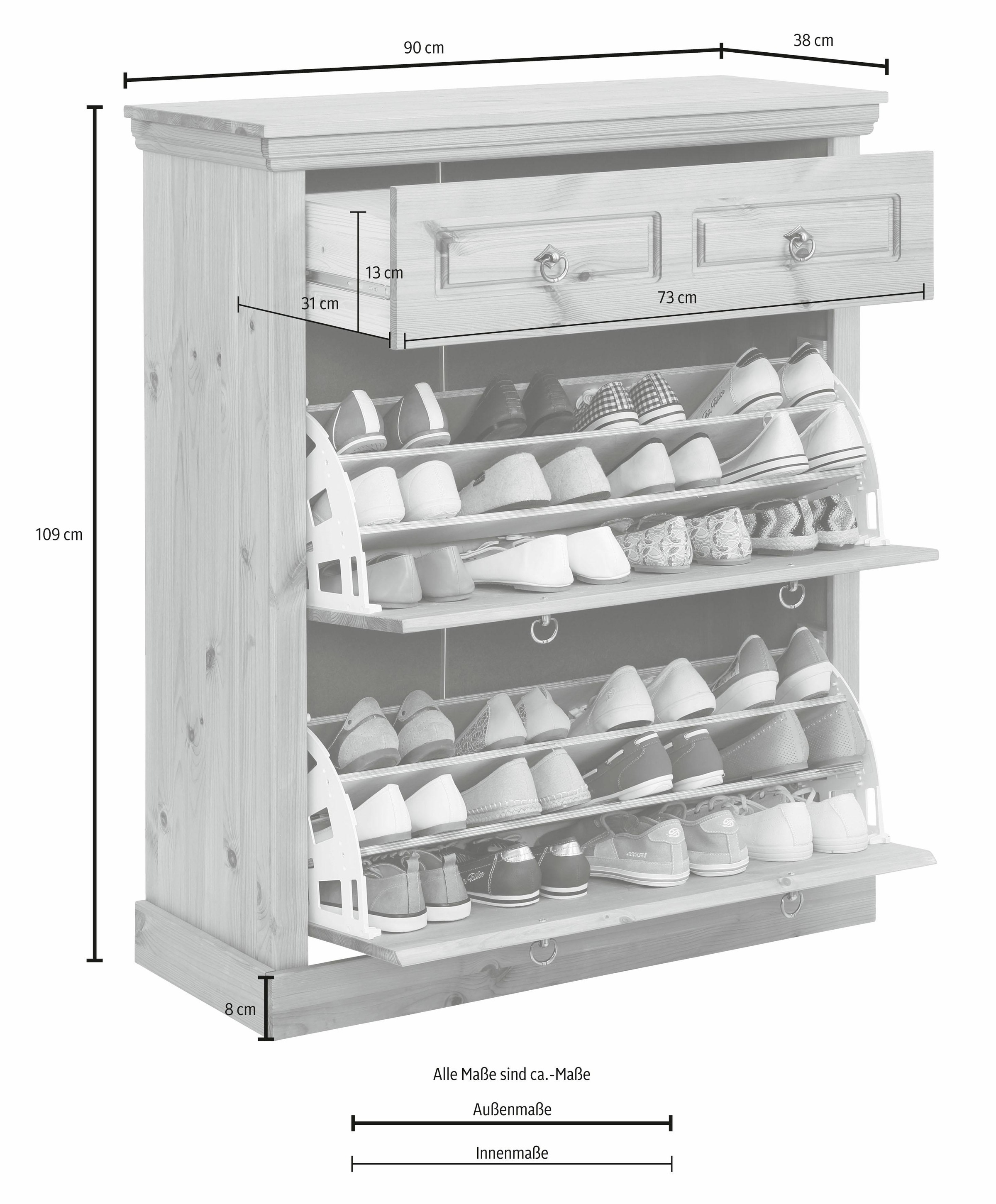 Home affaire Schuhschrank »Basilico«, aus massiver Kiefer, FSC®, Breite 90 cm, mit Schublade, Kassettenoptik