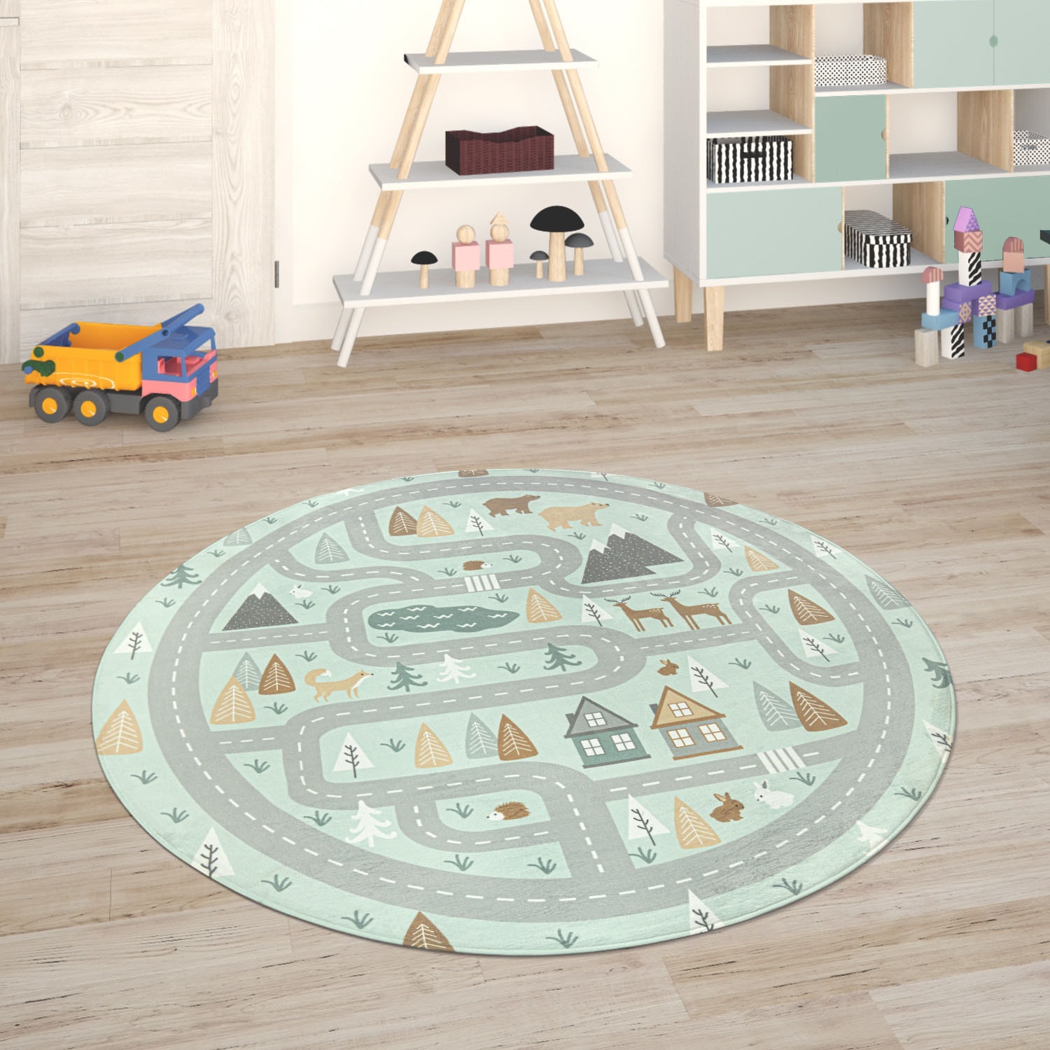 Image of Paco Home Kinderteppich "Chicos 550" rund 2 mm Höhe Flachgewebe, Strassen-Spiel-Teppich, Kinderzimmer