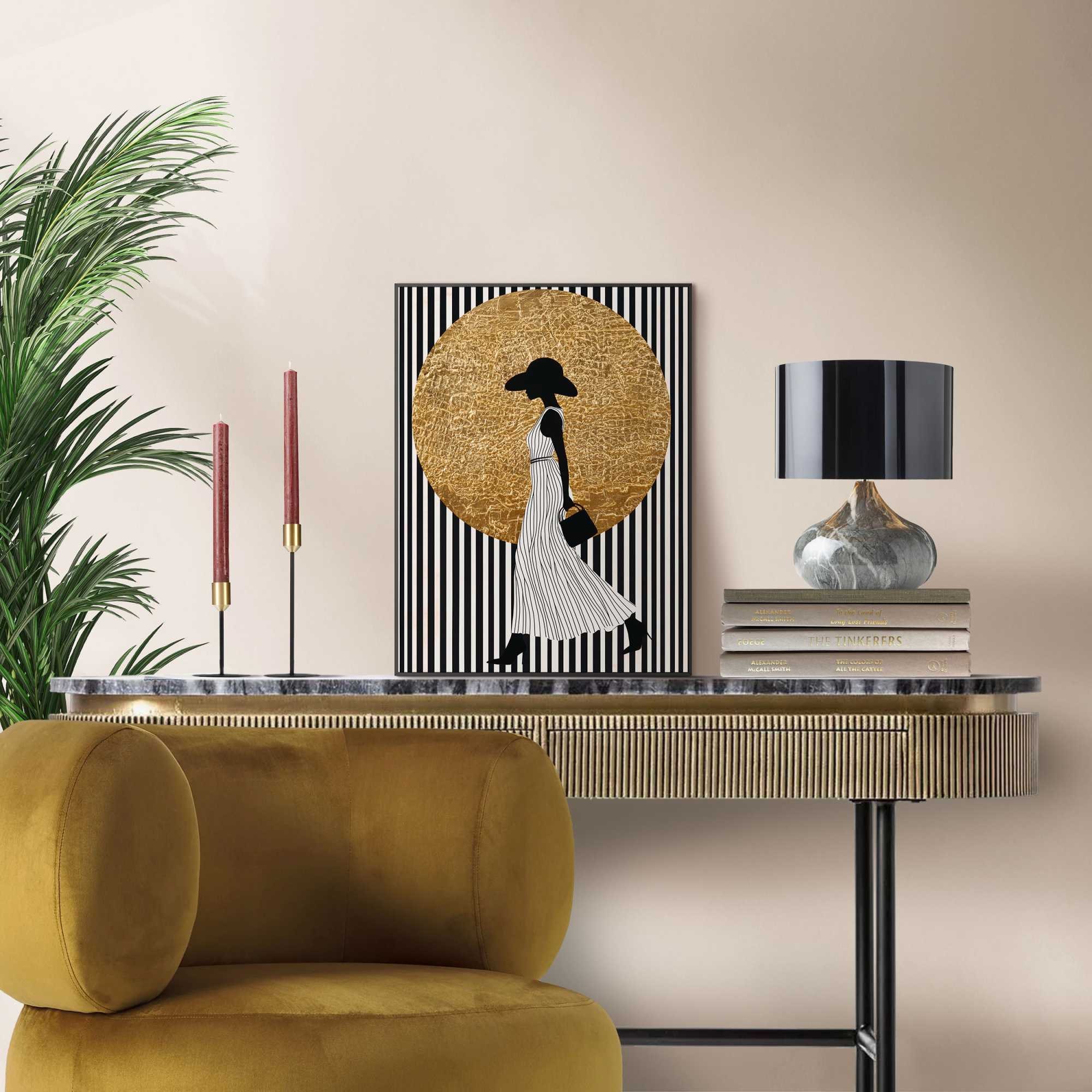 Reinders! Poster »Walking Lady«, Wohnzimmer - Dame - Streife - Schwarz-Weiss - MDF - Goldfarben - 30x40 cm