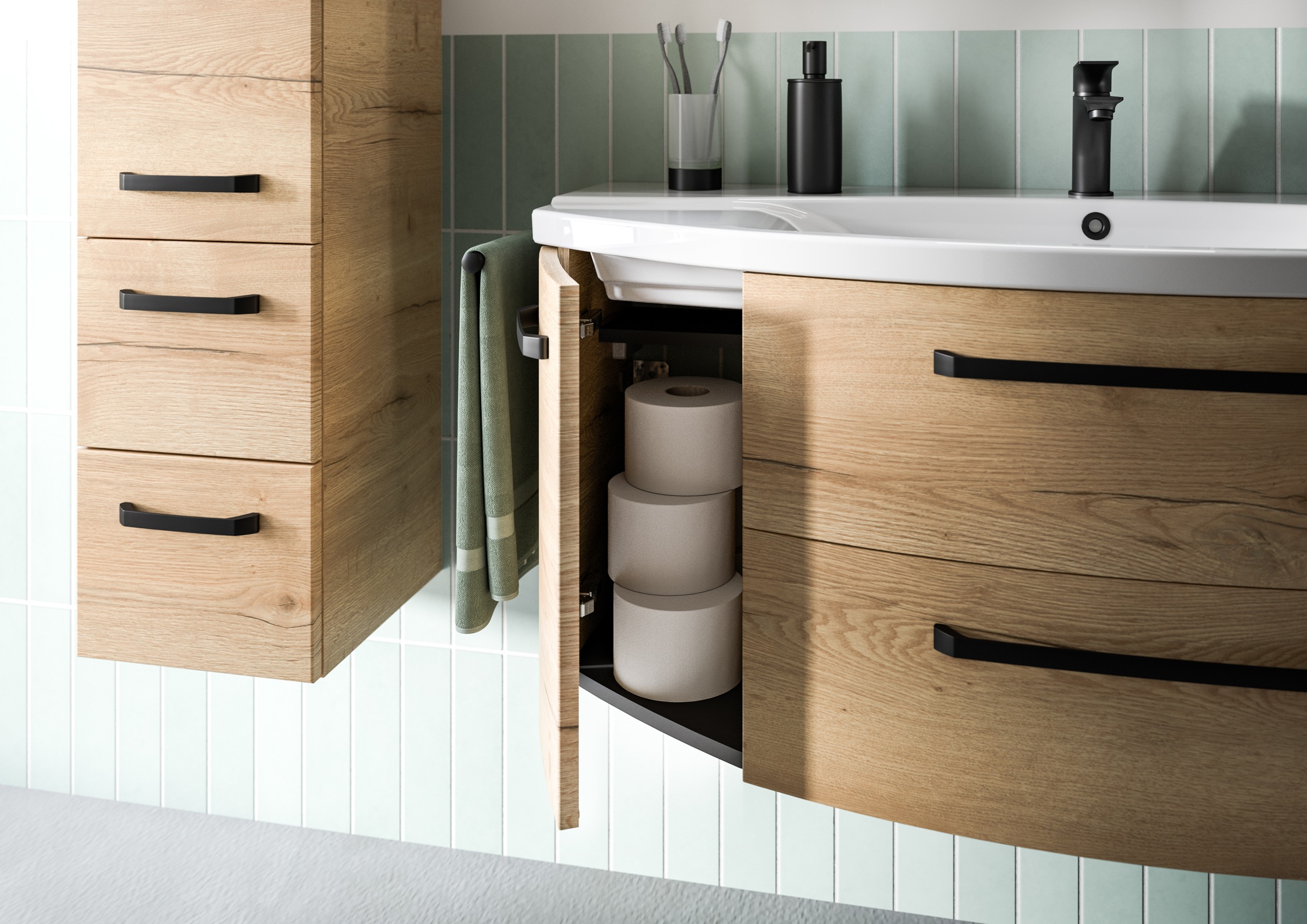 Saphir Waschtisch "Serie 4010 Keramik-Waschtisch mit Unterschrank, 120,5 cm breit" Waschplatz mit 2 Türen, 2 Schubladen, Badmöbel-Set mit Waschtisch