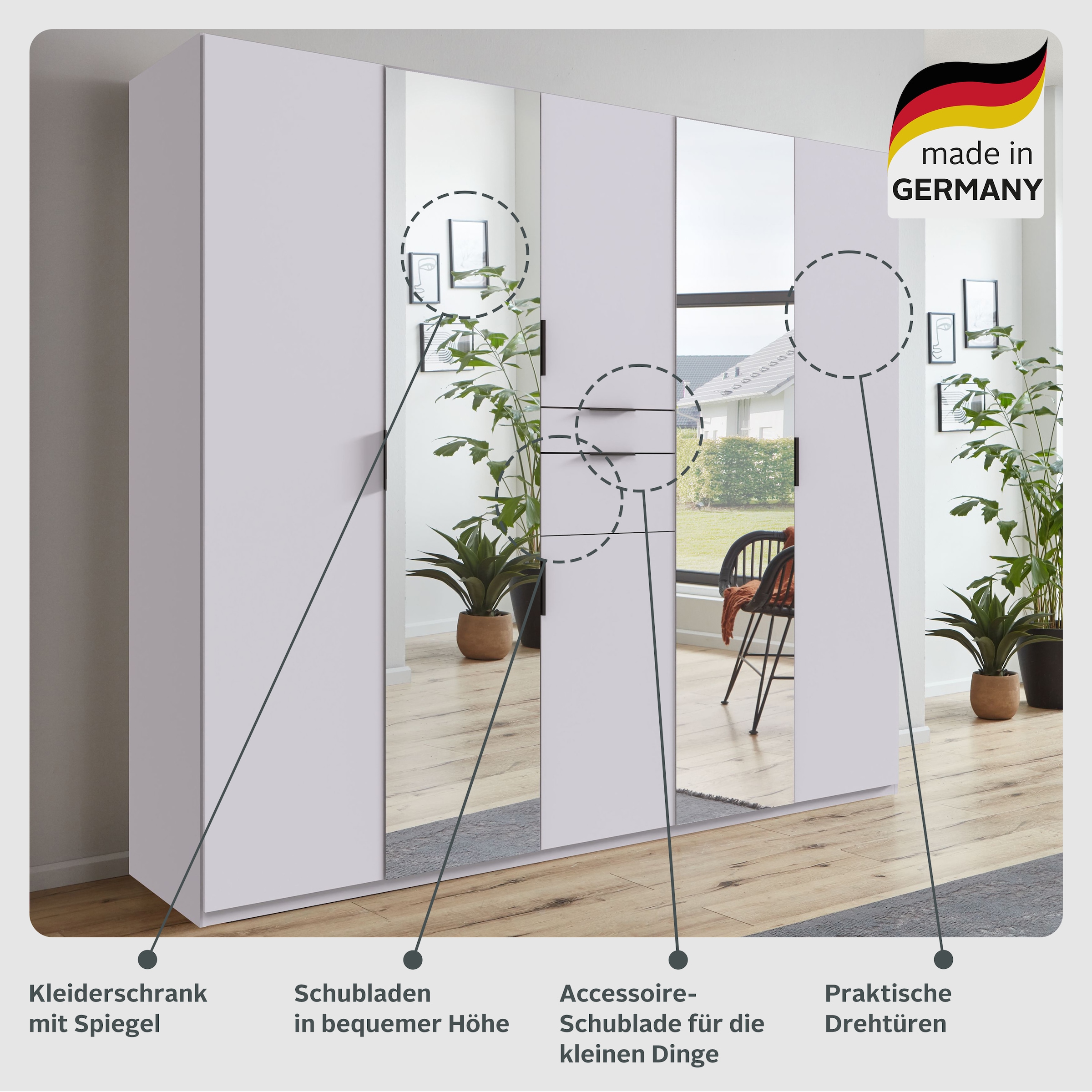 Wimex Drehtürenschrank »Moldau OTTOs CHOICE TOPSELLER Lieferung bis in Deine Etage«, Kleiderschrank mit Spiegel, 2 Schubladen in 2 Breiten schwarze Griffe