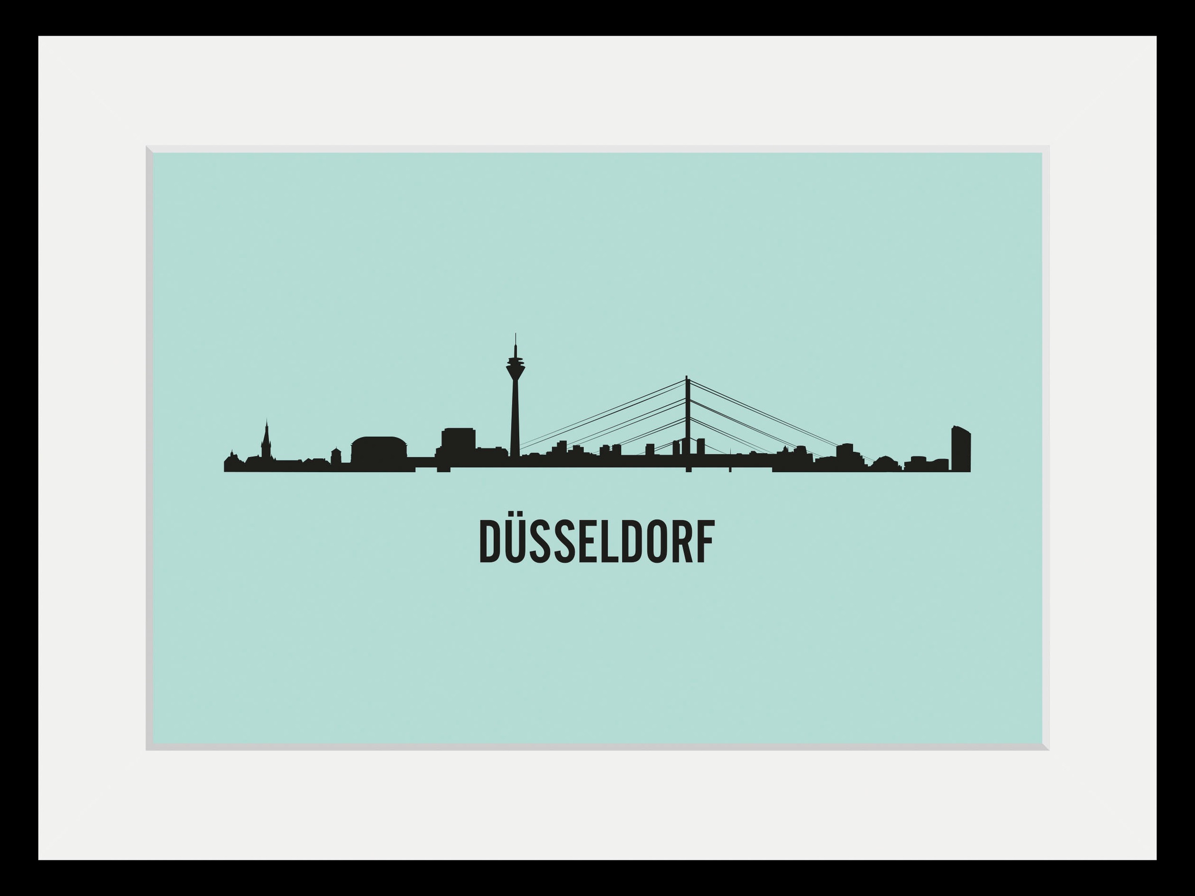 queence Bild »Düsseldorf Skyline«, Städte-Stadt-Deutschland-Gebäude-Schriftzug-Düsseldorf, (1 St.), HD Premium Poster-Druck inkl. Holzrahmen