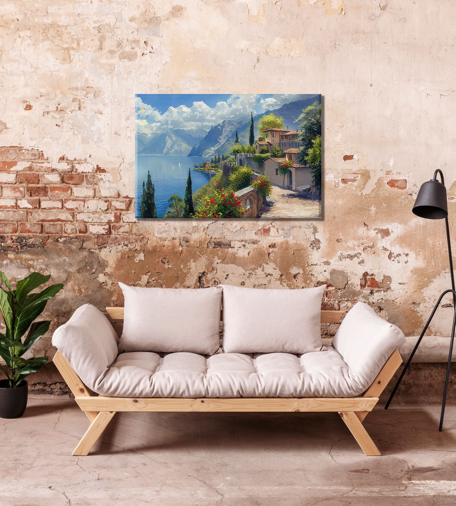 Bönninghoff Tableau sur toile »Wandbild STADT AM BERGSEE 60x90 cm – Leinwandbild Keilrahmen Deko« Bâtiments | Images marines | Italie | Mer | Montagnes | Nature | Paysage 1 cuis tlg. tendu sur châssis