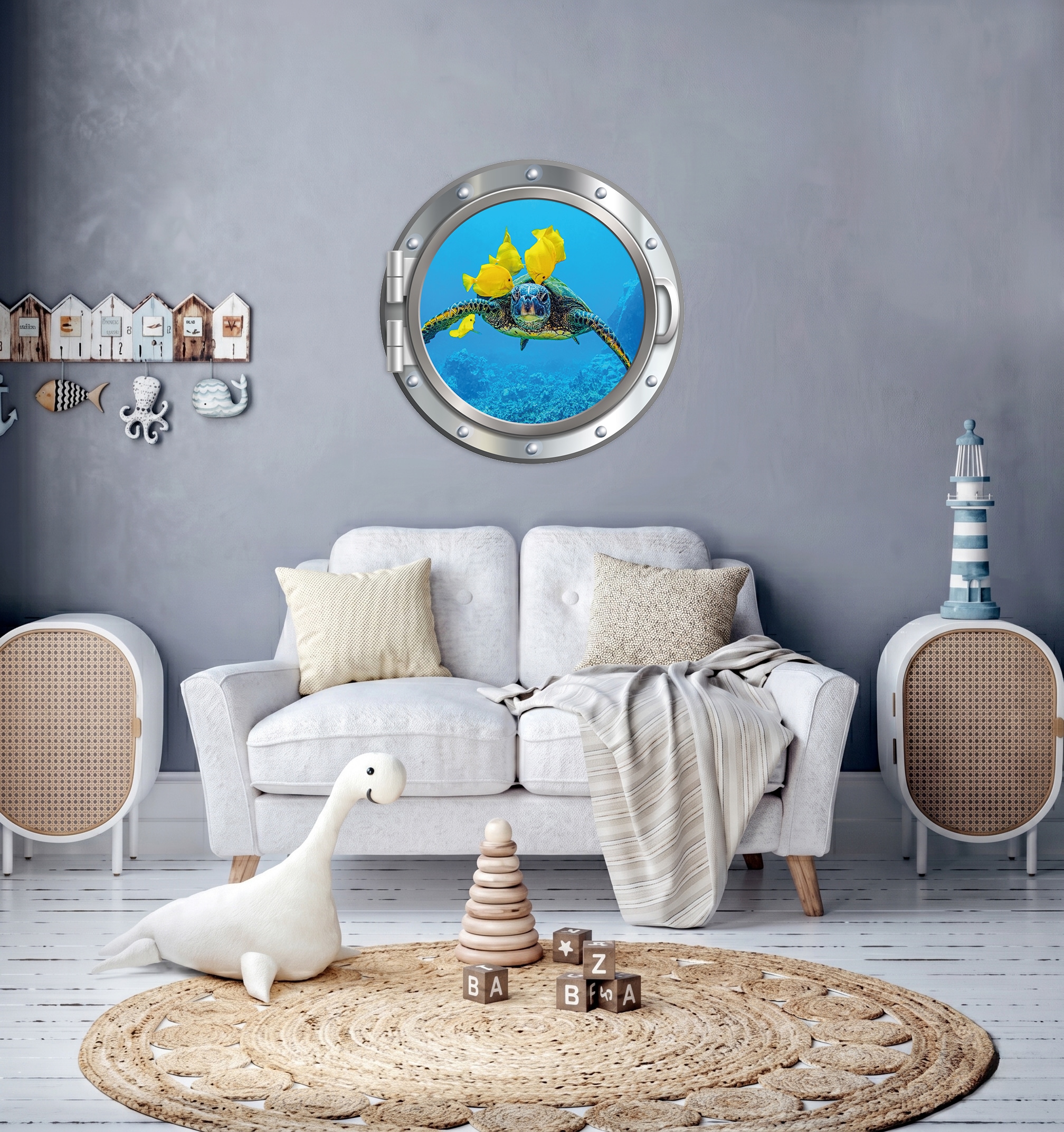 Image of queence Wandsticker "3D Bullauge Illusion Unterwasserwelt Schildkröte 40x40 cm" Selbstklebender Wanddurchbruch Unterwasser