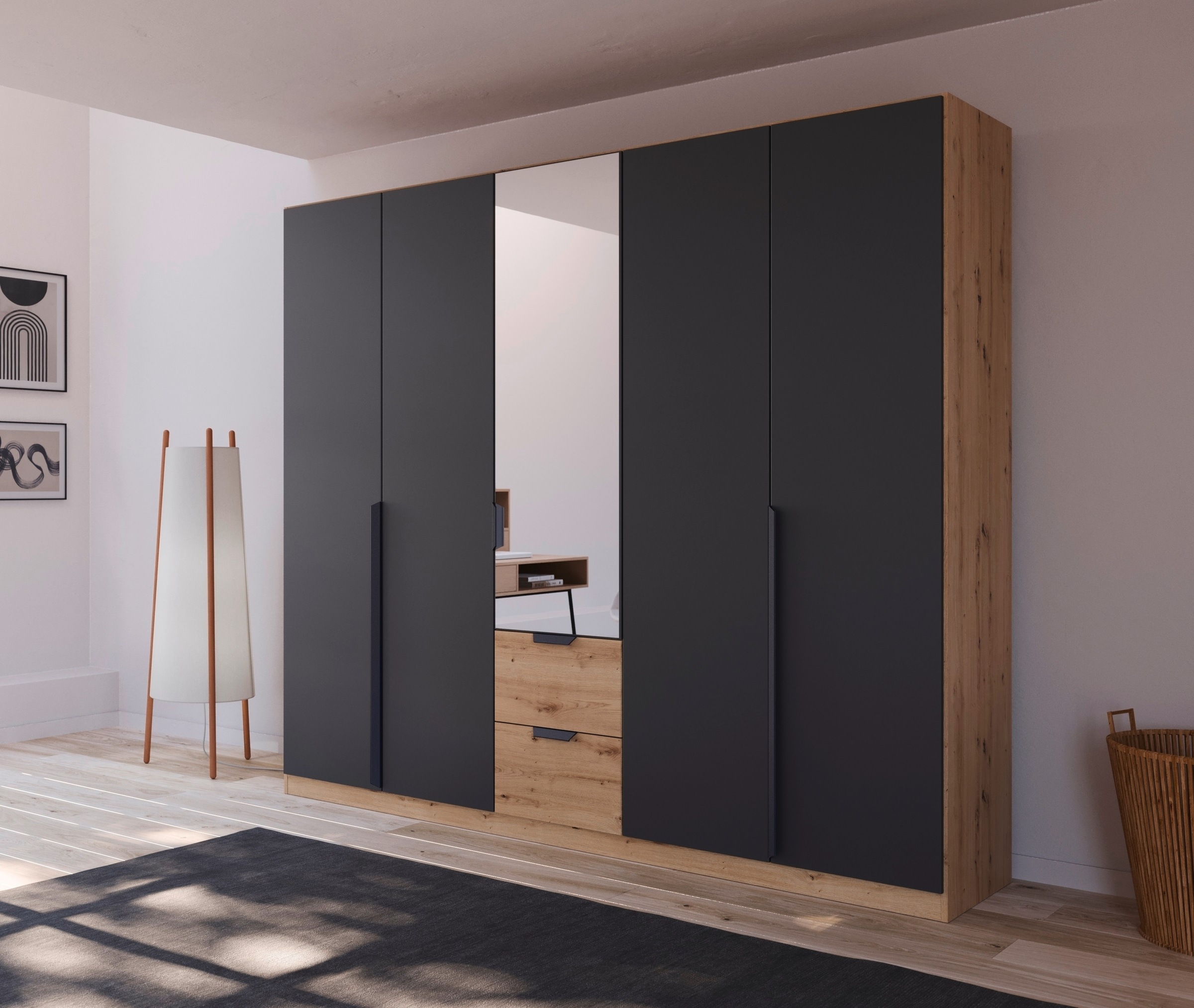 rauch Drehtürenschrank "Kleiderschrank Schrank Garderobe Ankleide DARK&WOOD BY QUADRA SPIN" Breiten: 181/226/271 cm, Höhe 210 cm, im Industrial Style mit Schubkästen in Eiche Dekor, mit Spiegel
