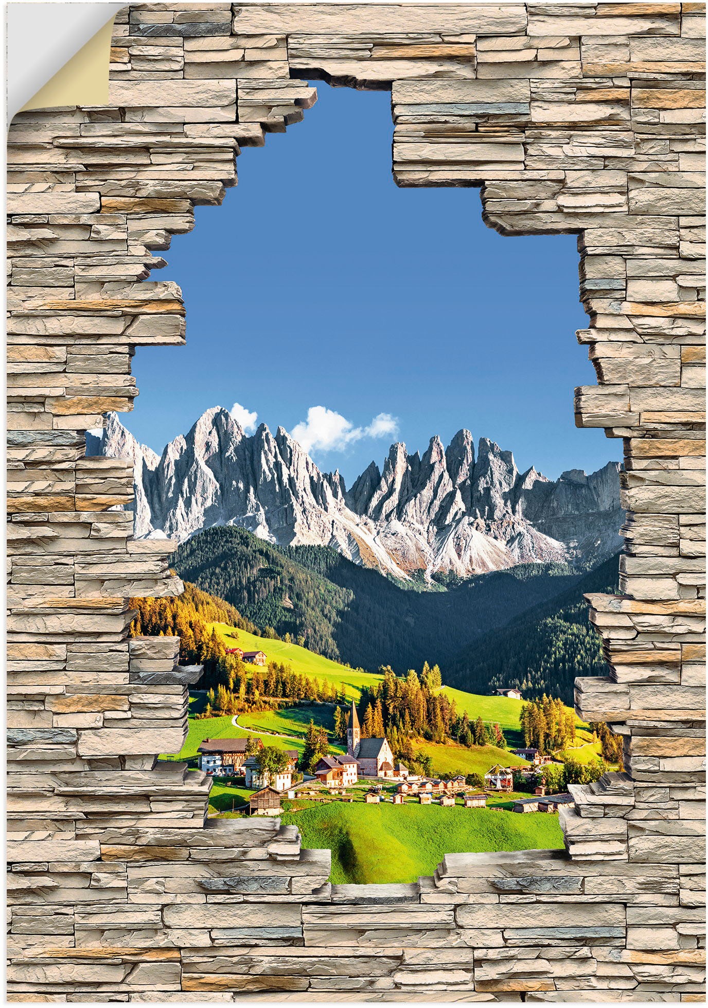 Image of Artland Wandbild »Alpen Berge Santa Maddalena Stein Mauer«, Berge & Alpenbilder, (1 St.), in vielen Grössen & Produktarten - Alubild / Outdoorbild für den Aussenbereich, Leinwandbild, Poster, Wandaufkleber / Wandtattoo auch für Badezimmer geeignet bei Ack