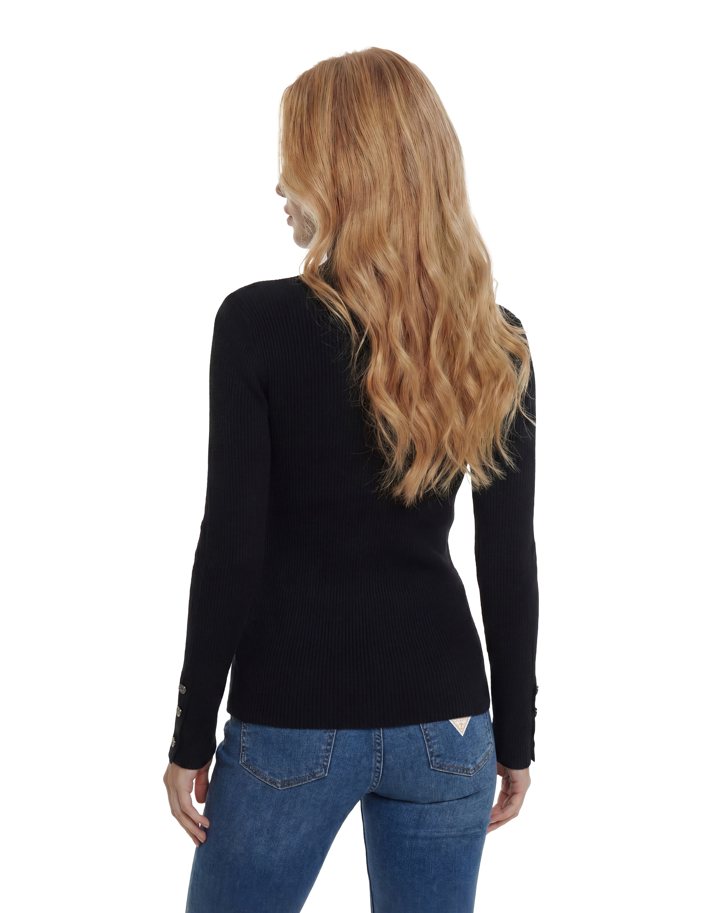 Guess Rollkragenpullover »LS TN ELLIE SWTR« in gerippter Struktur, Knopf-Details