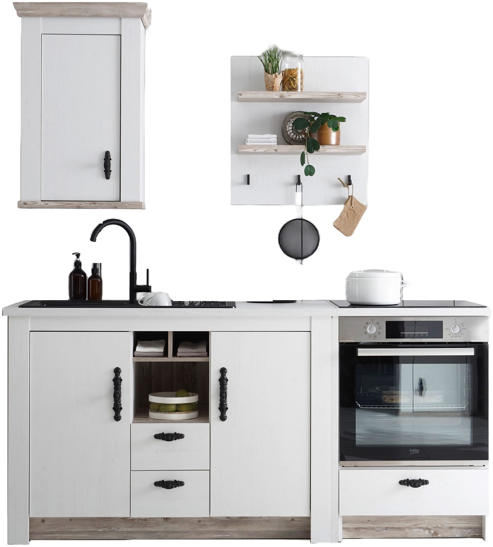 Image of Home affaire Küchenzeile "Florenz, Küche in Pinie Weiss, mit Herdumbau, ohne E-Geräte" Set, Breite 191 cm, mit verschnörkelten Metallgriffen, Arbeitshöhe 92 cm