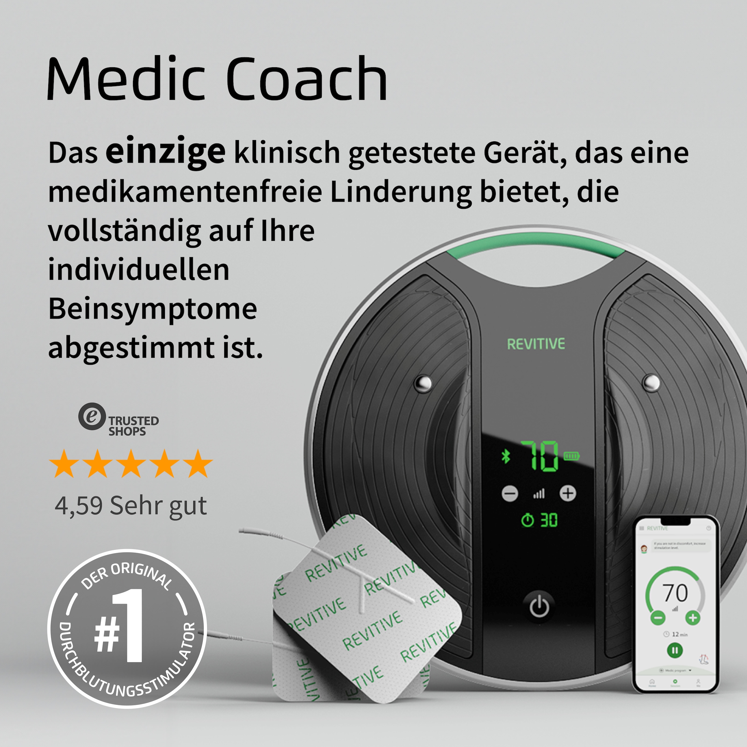 REVITIVE Appareil EMS »Medic Coach Durchblutungs-Stimulator« Thérapie efficace contre les douleurs au genou et meilleure circulation sanguine