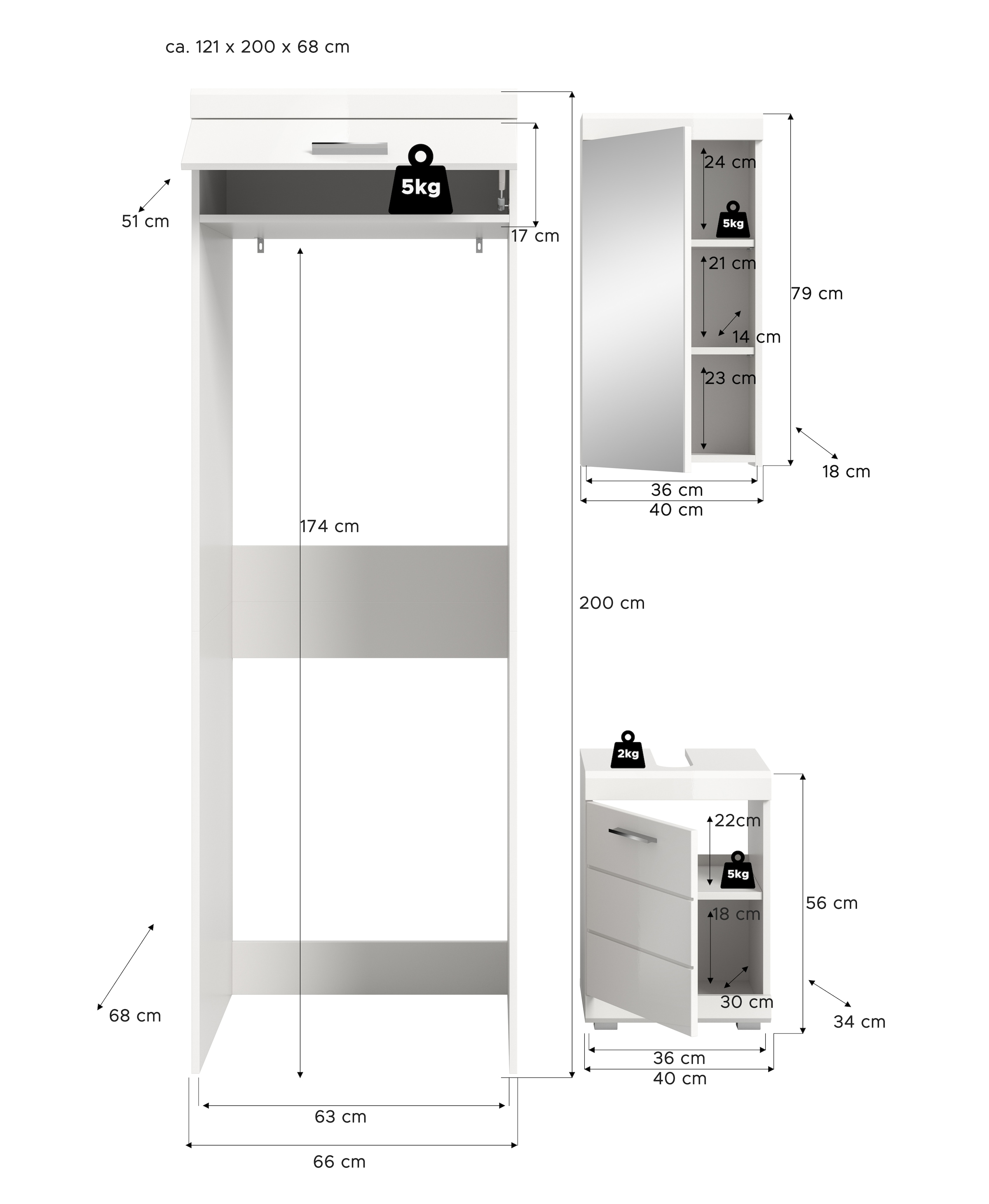 welltime Ensemble de meubles de salle de bain »SIENA, 3-tlg., WBU, Spiegelschrank & Waschmaschinenschrank, MDF-Front«