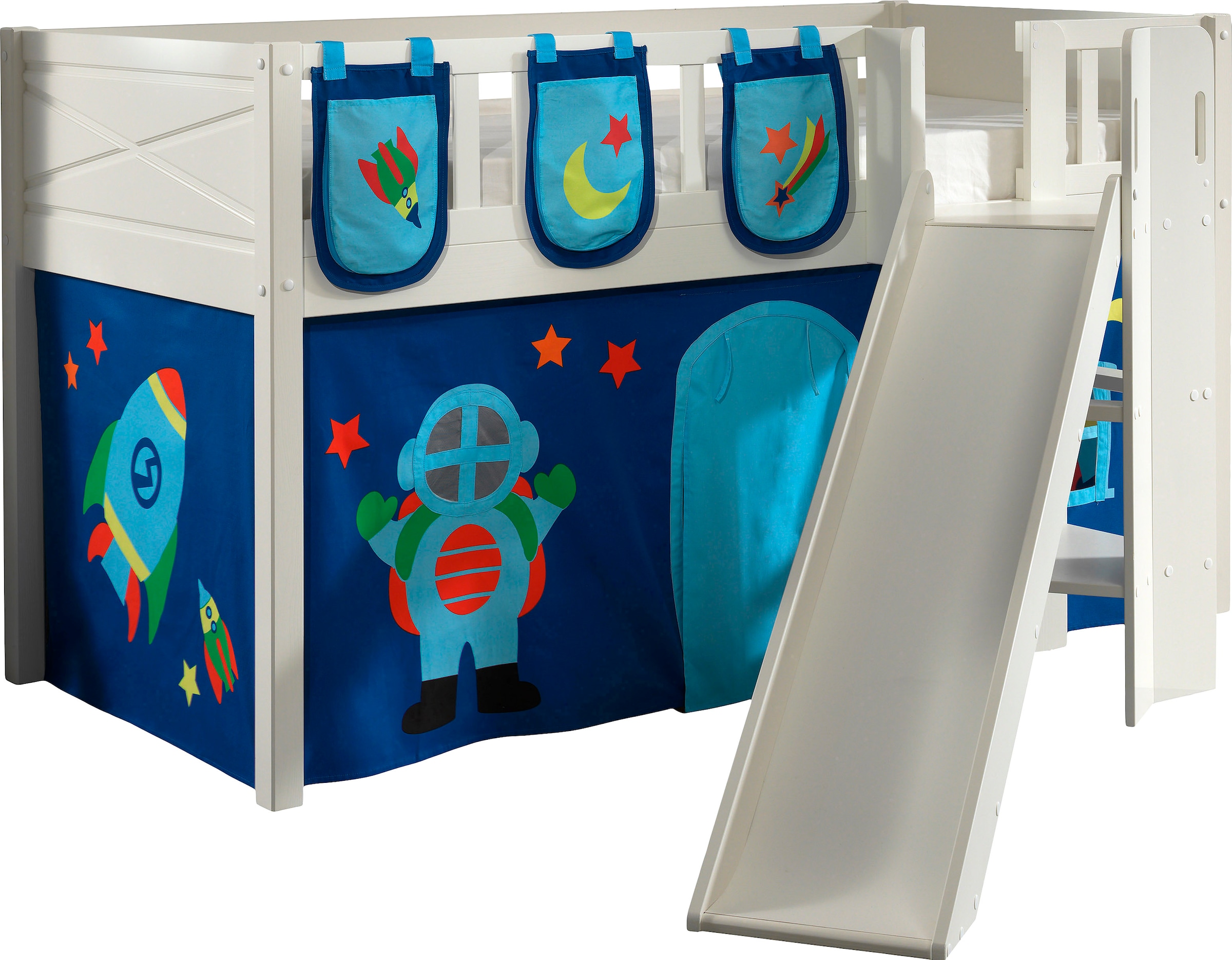 Vipack Hochbett »Scott« Made in Europe,  m. Rutsch-/Leiterturm, LF 90x200 cm, Vorhang, Tasche, 4 Designs