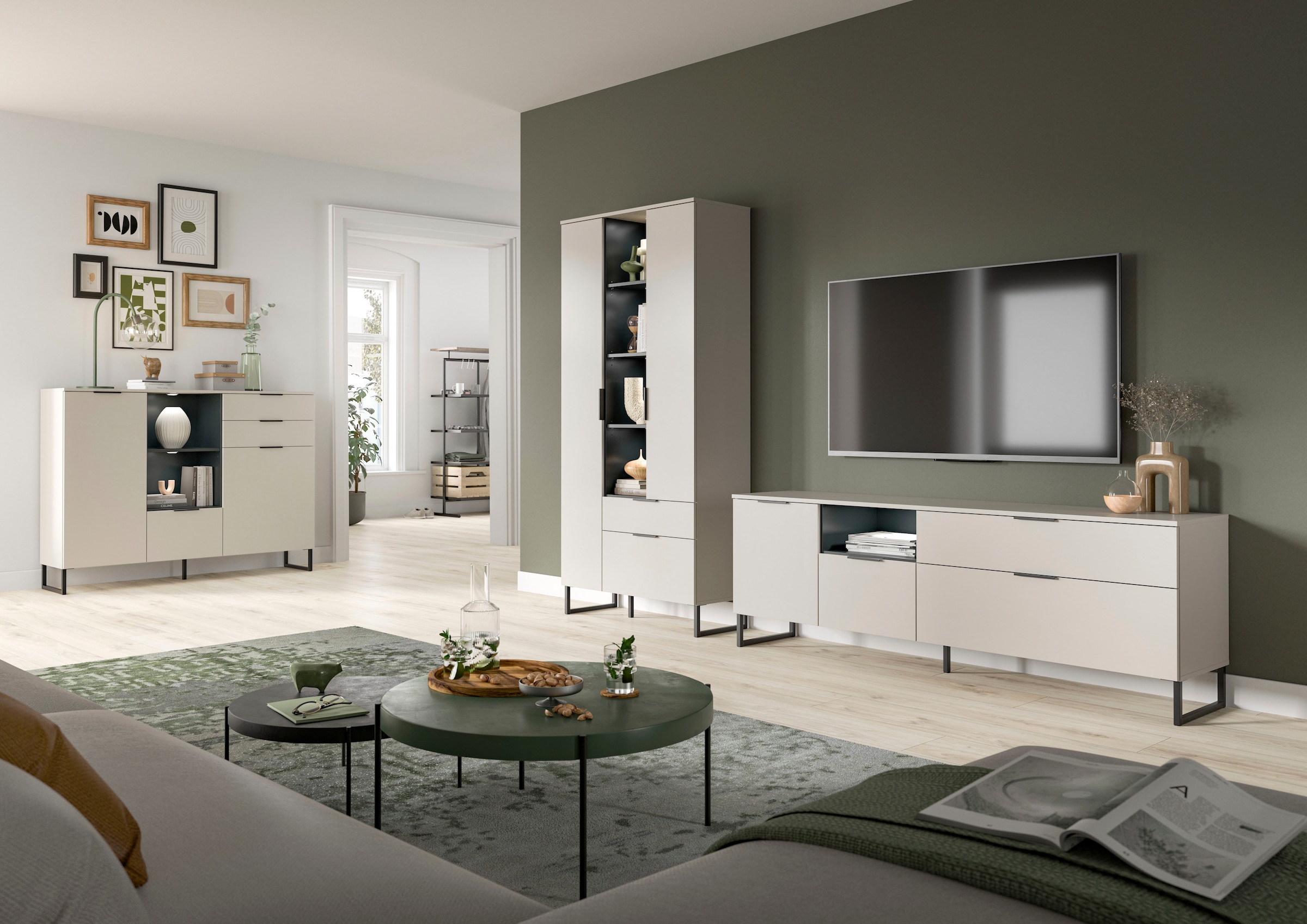 INOSIGN Wohnwand »ADIO, Breite 290 cm, 2-teiliges Set, mit Metall-Kufenfüsse« Set, bestehend aus: Mehrzweckschrank und Lowboard, 2 Stk. tlg.