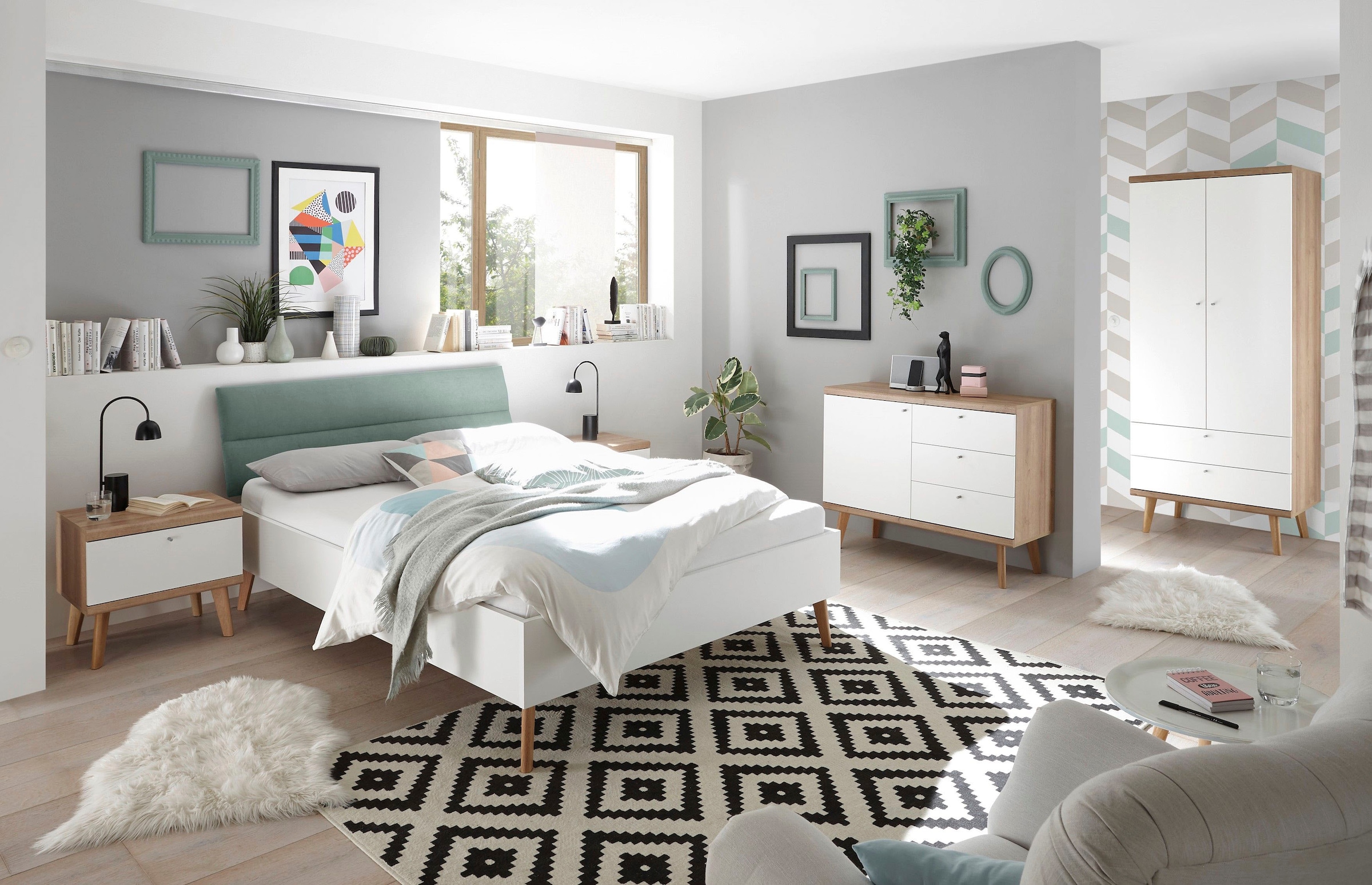 andas Einzelbett »MERLE Bett im skandinavischen Design, Bettgestell mit Massivholzfüssen«, mit gepolstertem Kopfteil, Liegefläche 140x200cm, gesamt:145/200/88cm