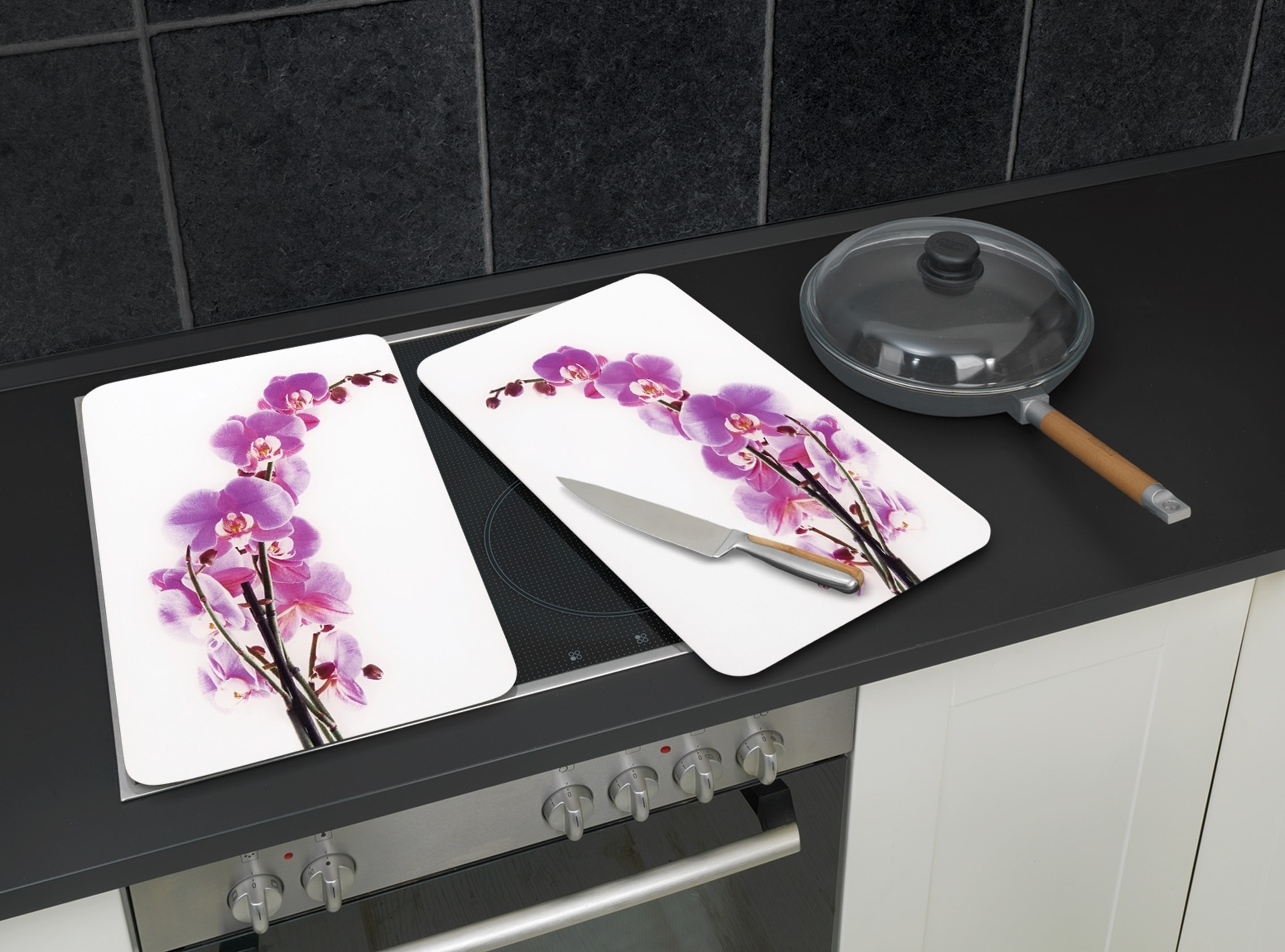 WENKO Herd-Abdeckplatte »Universal Modell Orchideenblüte«, (Set, 2 tlg.), Herdabdeckung für alle Herdarten, kratzfest, mit rutschfesten Füssen