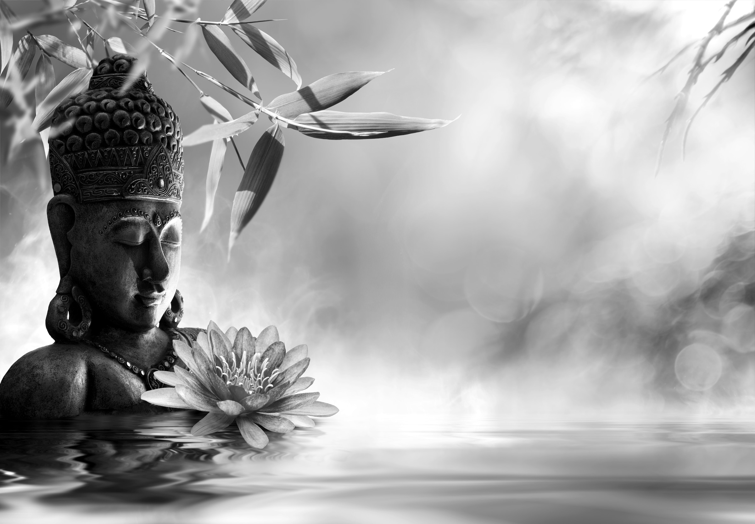 Image of Papermoon Fototapete "Buddah Figur mit Blume Schwarz & Weiss"