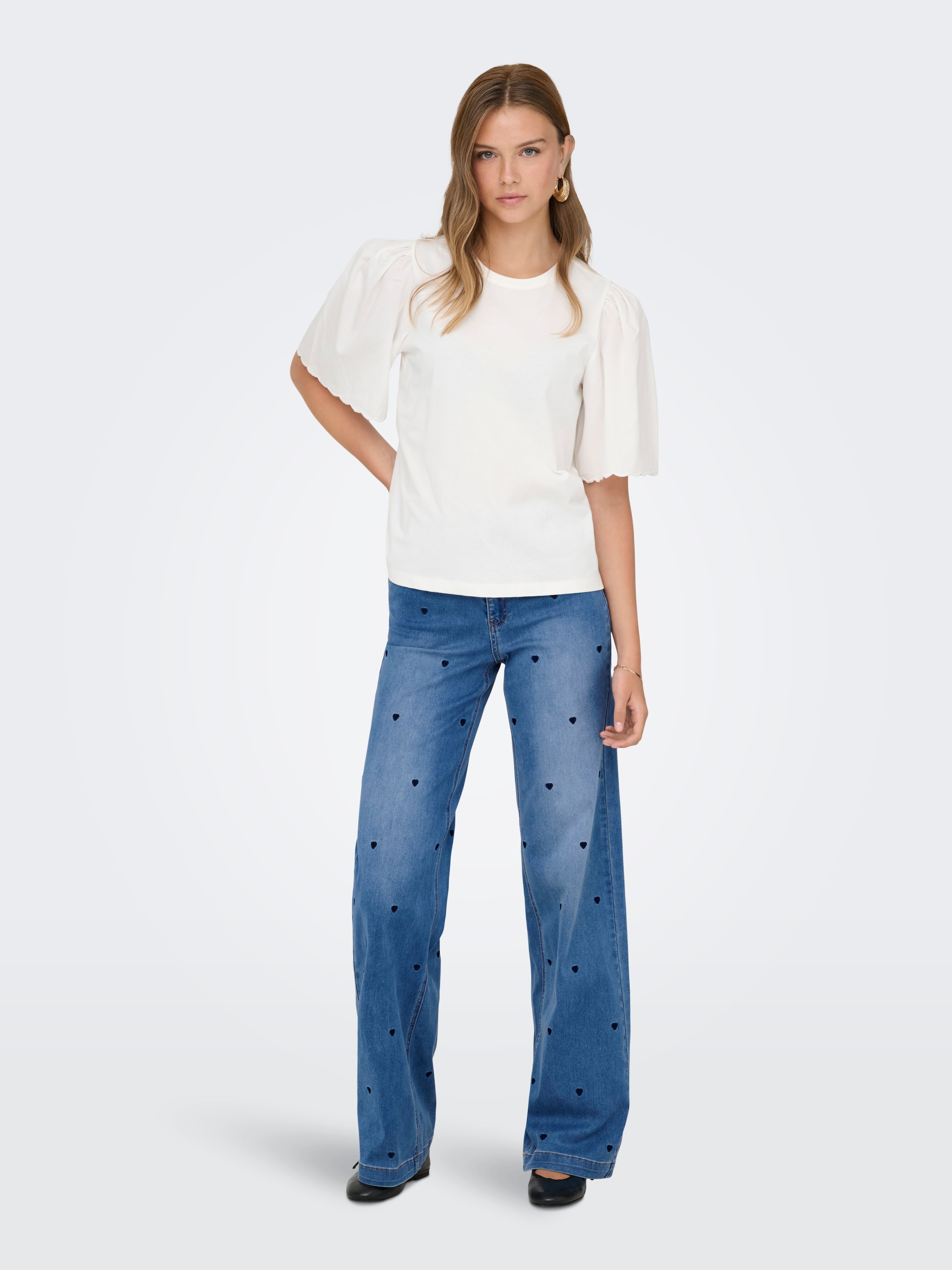 ONLY Jeans taille haute »ONLMADISON-ROYAL HEART HW WIDE DNM GUA« Materialmix, wide fit, high waist, allover Stickerei