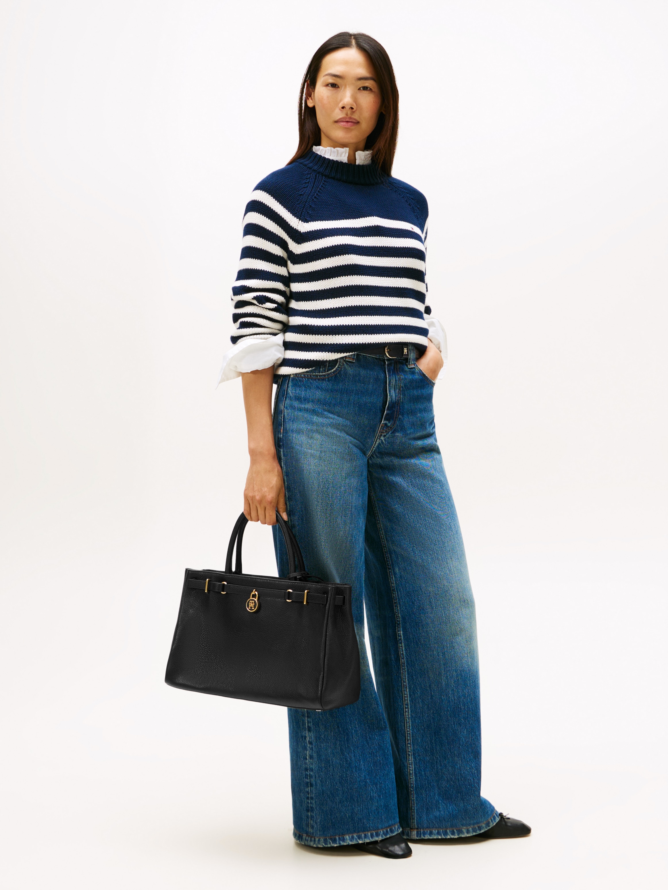Tommy Hilfiger Sac de transport »AMERICAN ICON TOTE LEATHER« , Damen Handtasche, Schultertasche mit TH-Schloss-Schmuckelement