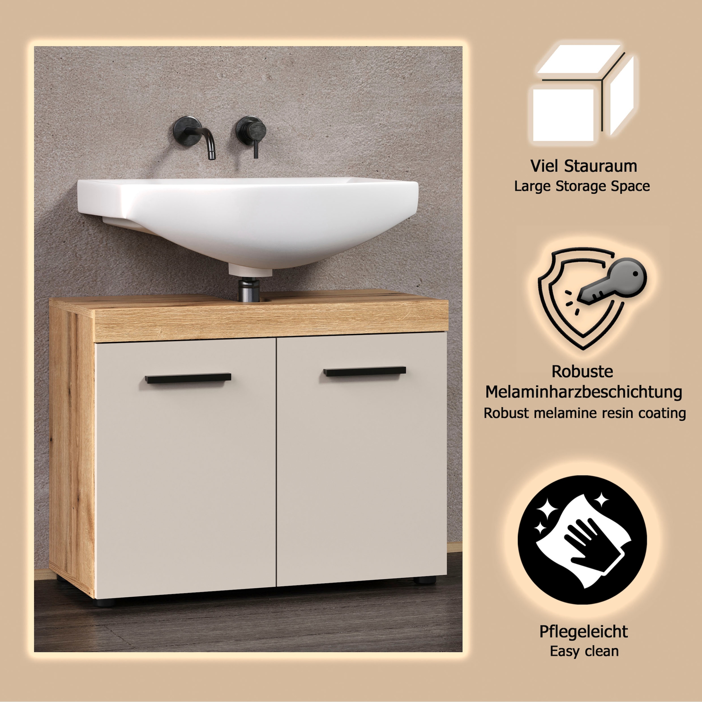 welltime Waschbeckenunterschrank »Isera« 1 Stk. tlg. Waschbeckenschrank mit 2 Türen – (B/T/H) 72/34/56 cm