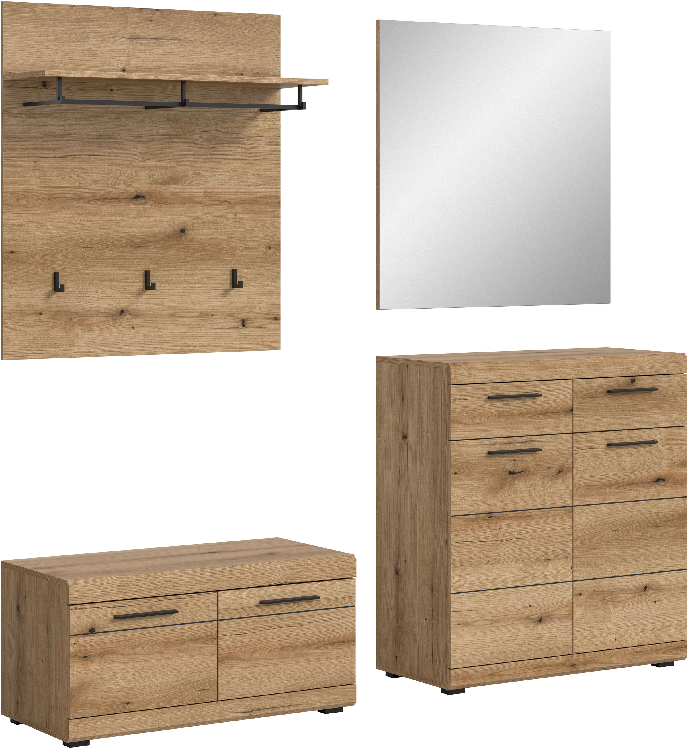 Image of Home affaire Garderoben-Set "Siena, Fronten mit hochwertiger Rillenfräsung, 4-teilig,bestehend aus:" Komplett-Set, bestehend aus: Sitzbank, Garderobenpaneel, Schuhschrank und Spiegel, 4 Stk. tlg.