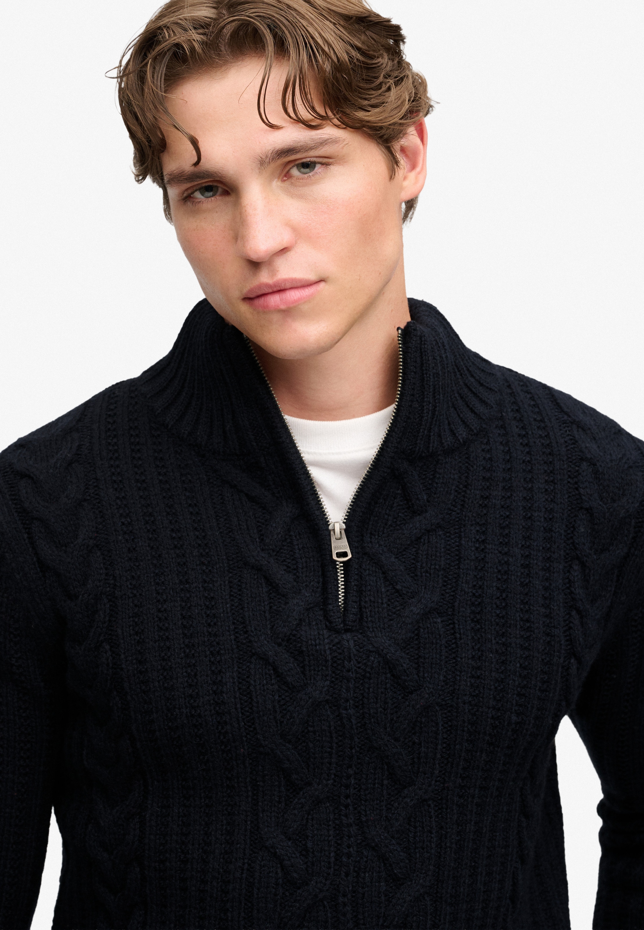 Superdry Pull en tricot »JACOB CABLE HALF ZIP KNIT« Mélange de matières, coupe slim