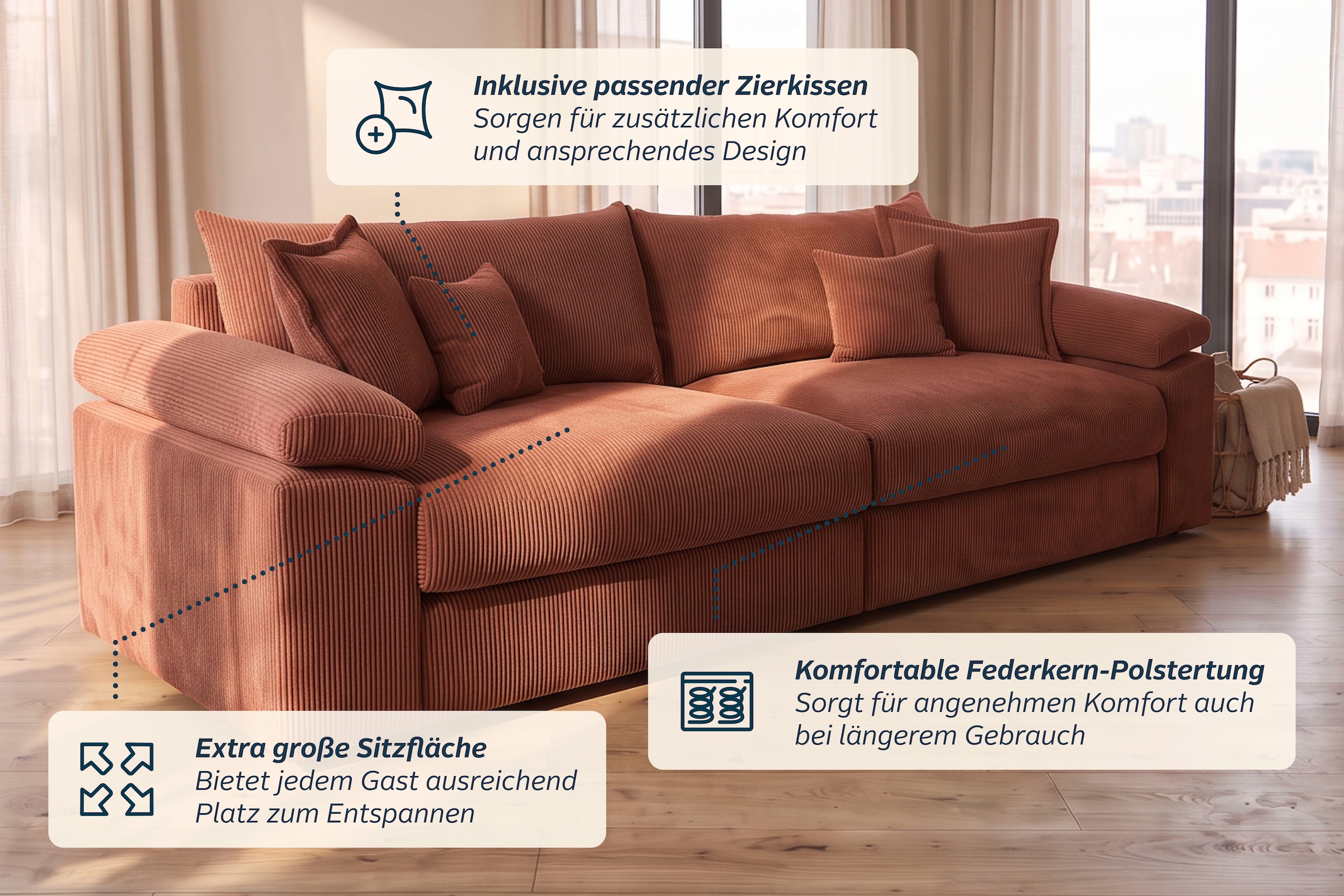 GOODproduct Canapé Big »Soft&Cosy XXL, B: 303 cm - OTTO. Verlässliche Qualität.« Mega-canapé, structure en velours côtelé ou chenille, avec ressorts et 4 coussins décoratifs