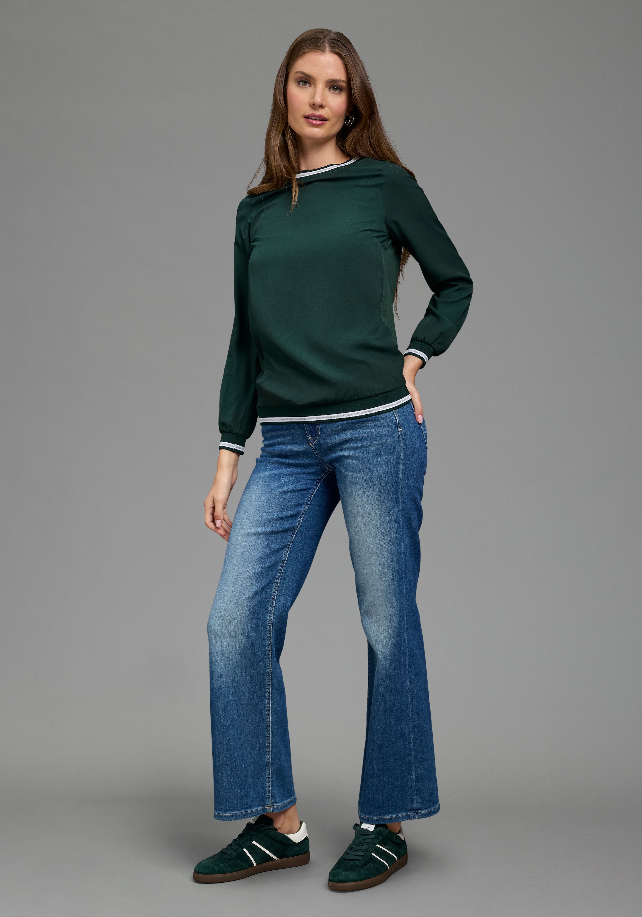 Laura Scott Blouse à enfiler manches longues avec poignets, bord-côte contrasté en fil brillant, coupe décontractée