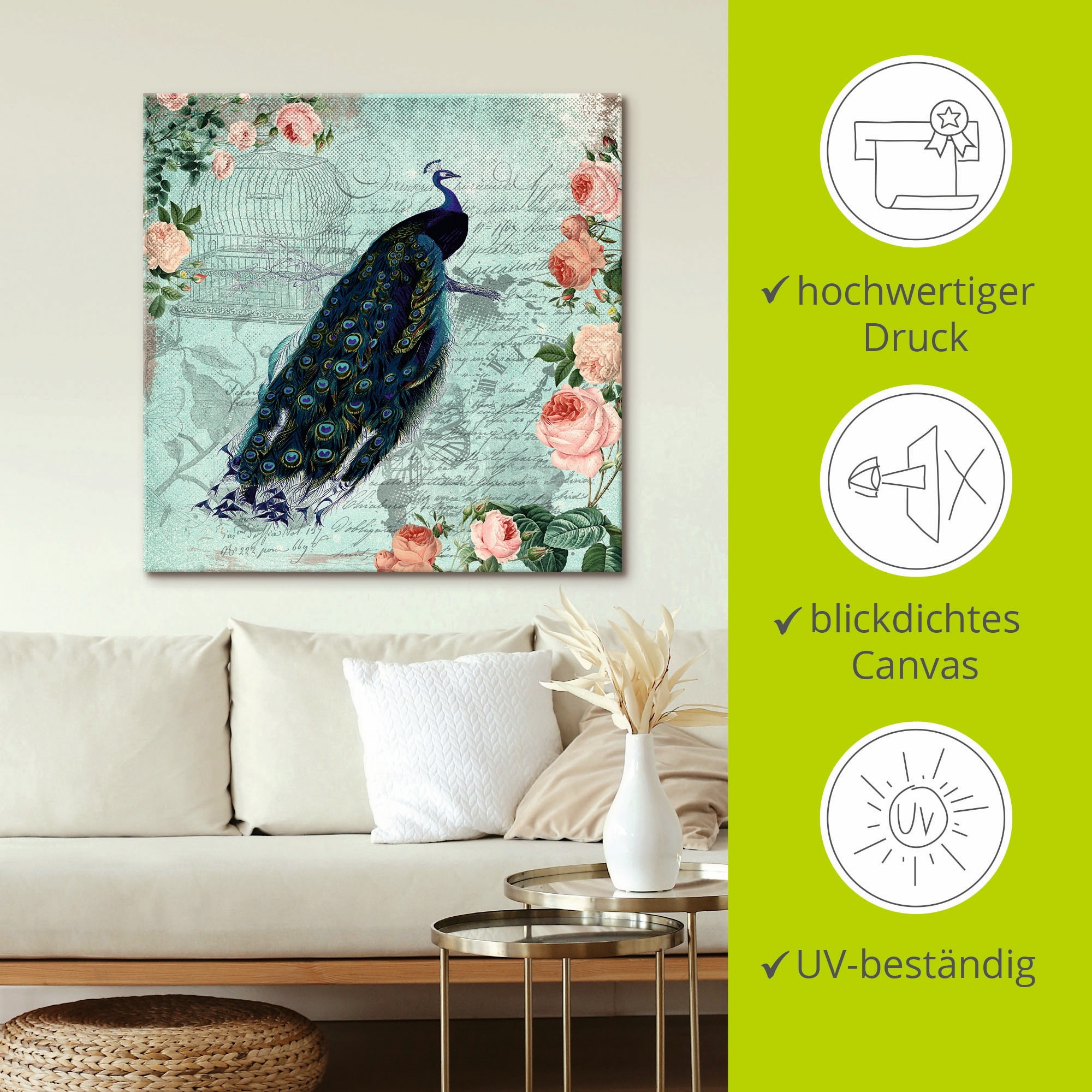 Artland Leinwandbild »Vintage Rosen und Pfau Illustration« Vögel 1 Stk. tlg. auf Holzrahmen gespannt